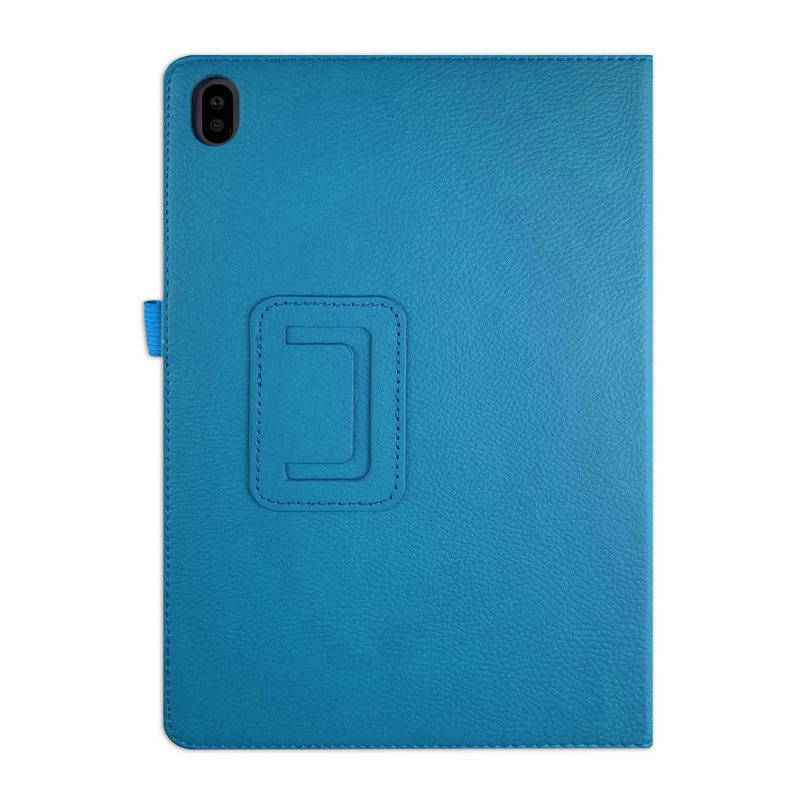 Eine blaue Tablethülle mit Aussparung für eine Kamera und Lasche zum Verschließen.