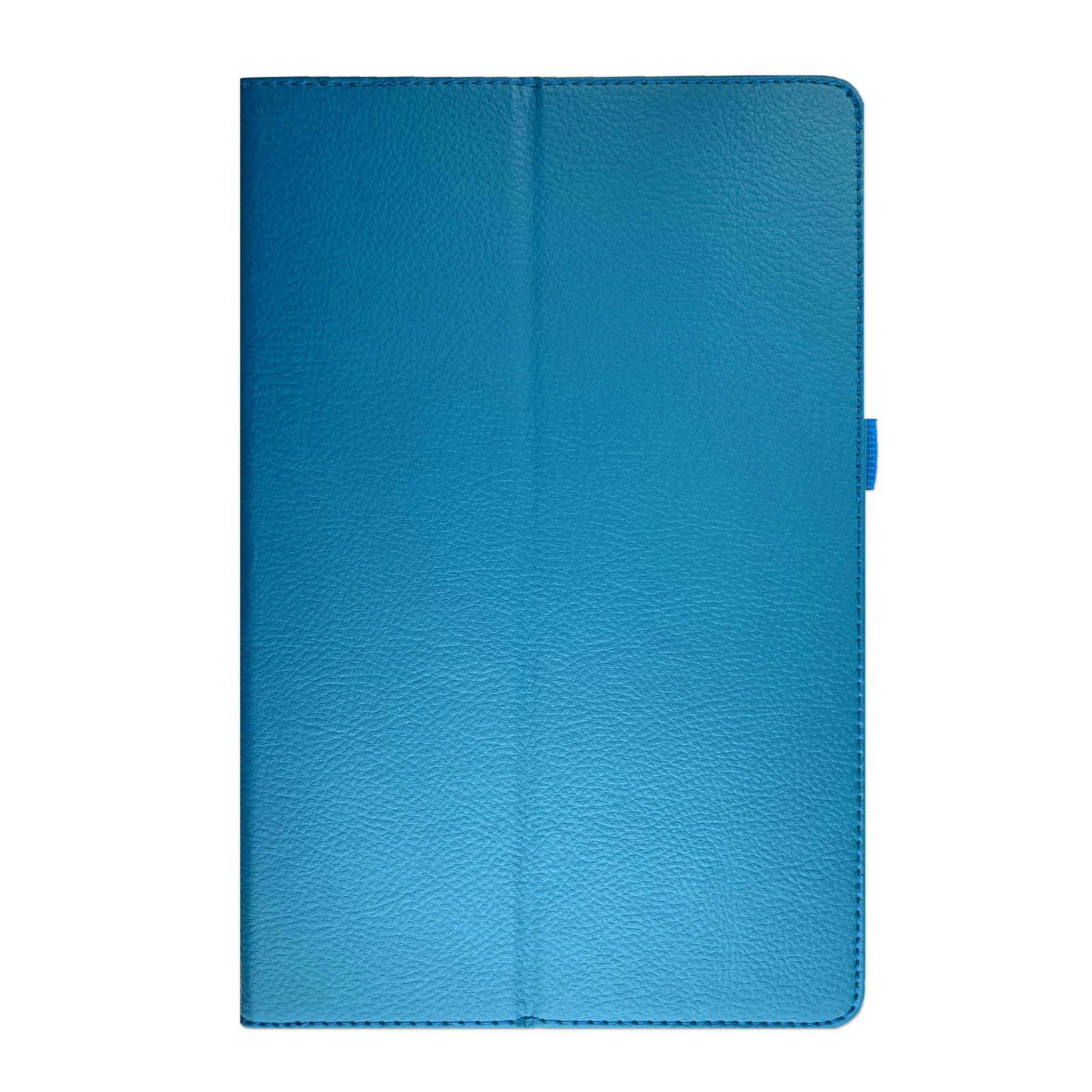 Eine blaue Tablethülle mit strukturierter Oberfläche, geschlossen und von oben gesehen.