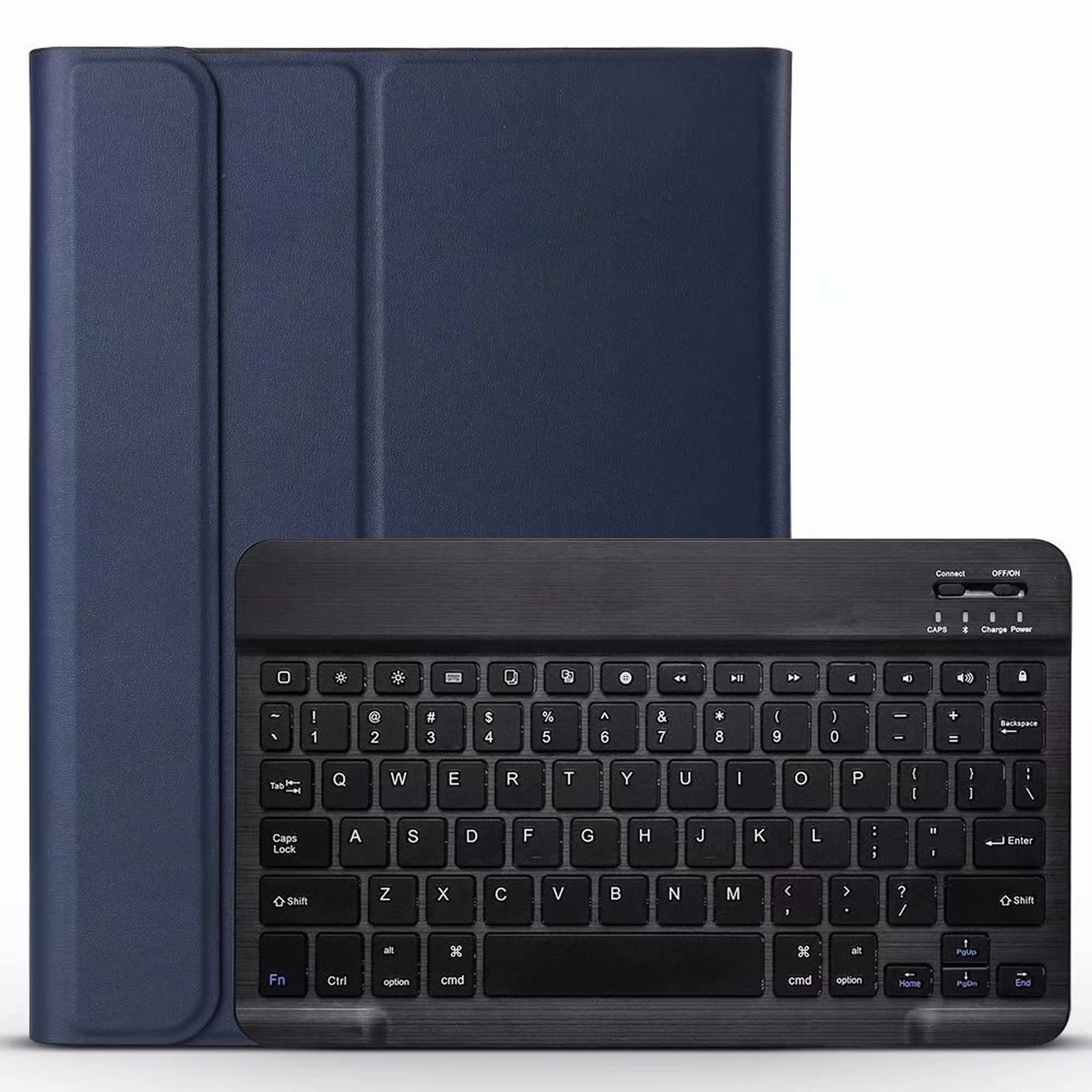 Eine schwarze Tastatur und eine blaue Tablethülle werden angezeigt. Die Tastatur hat eine Reihe von Tasten.