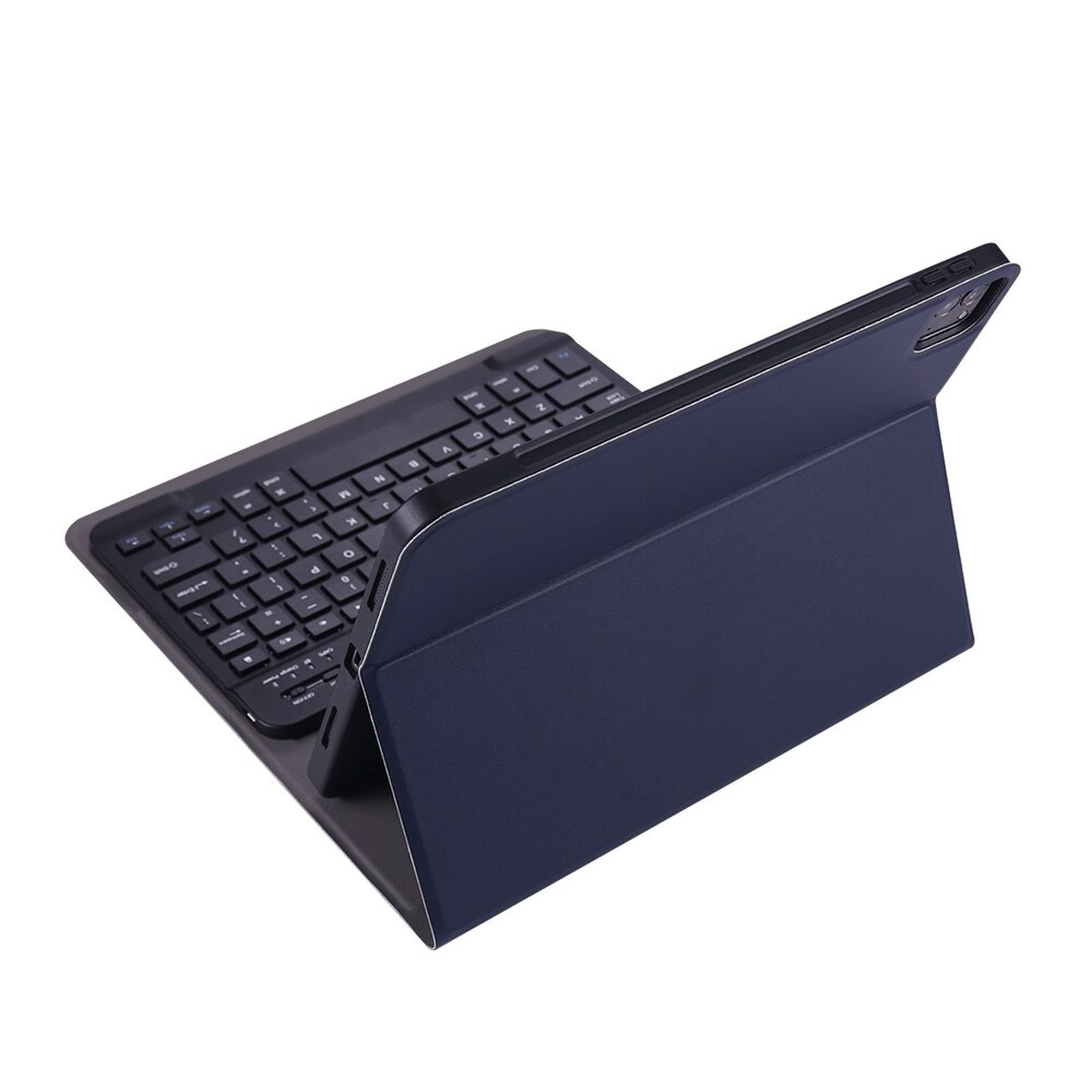 Ein Tablet mit Tastaturhülle, abgewinkelt. Die Tastatur ist schwarz, das Tablet dunkelblau.