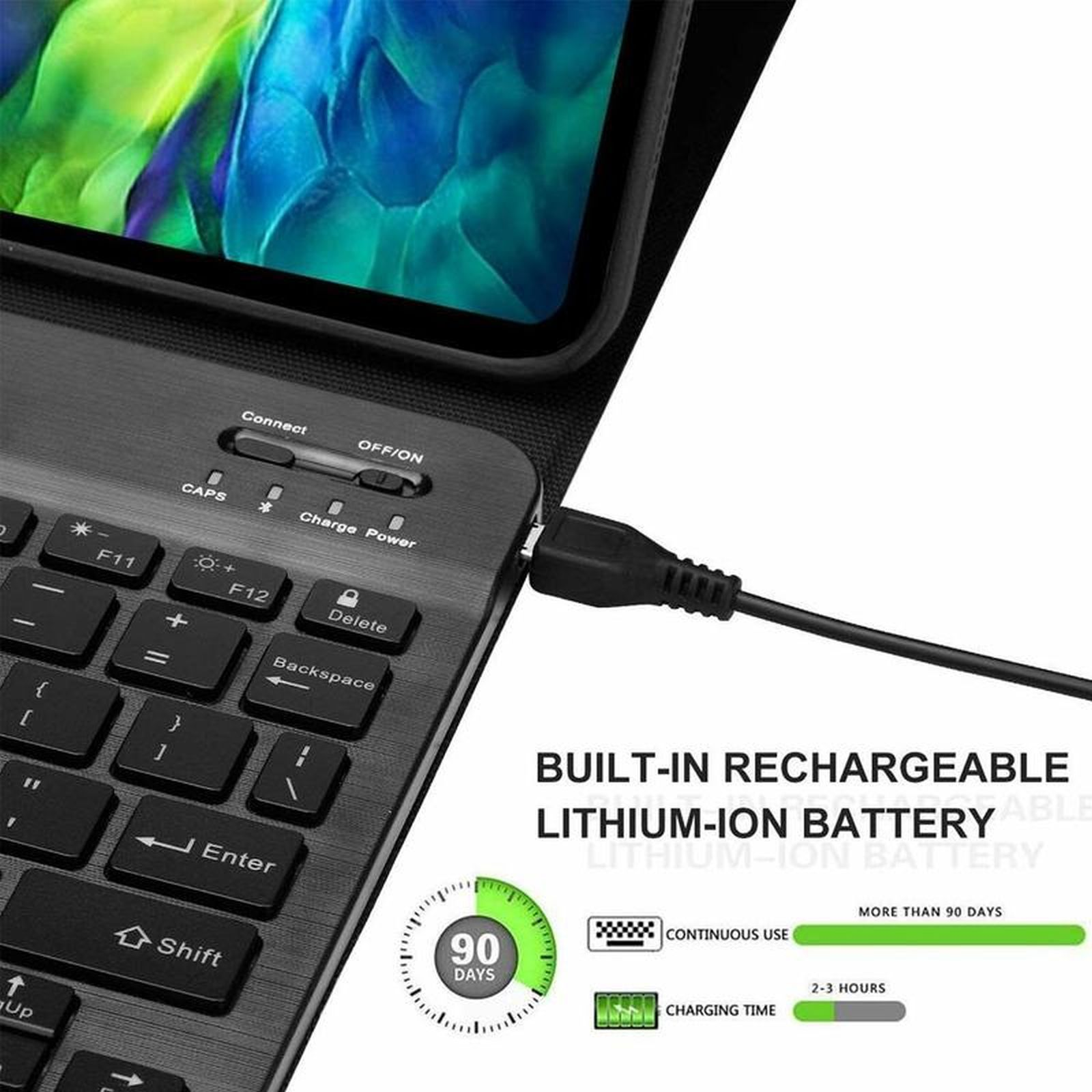 Schwarze Tastatur mit Power- und Connect-Tasten, schwarzes Ladekabel angeschlossen.