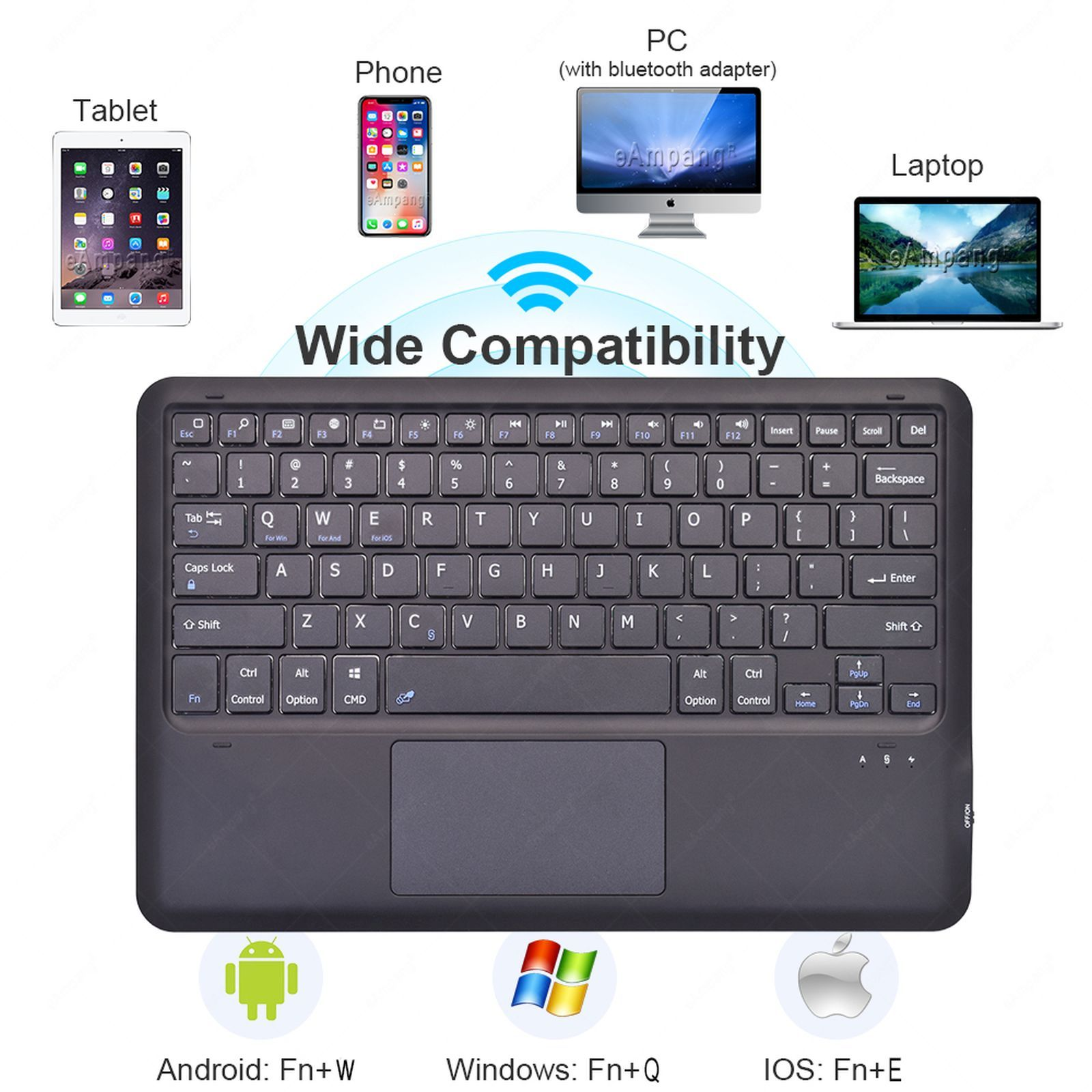 Tastatur mit Touchpad und mehreren Geräten. Tablet, Telefon, PC und Laptop mit großer Kompatibilität.