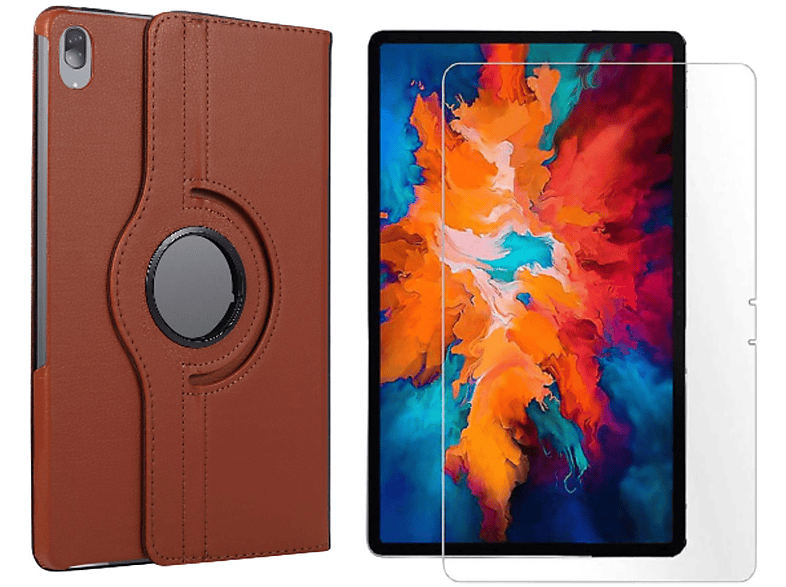 LOBWERK 2in1 Set (Schutzhülle + Schutzglas) Case Bookcover für Lenovo Tab P11 2021 TB-J606F TB-J606X 11 Zoll Kunstleder, Braun