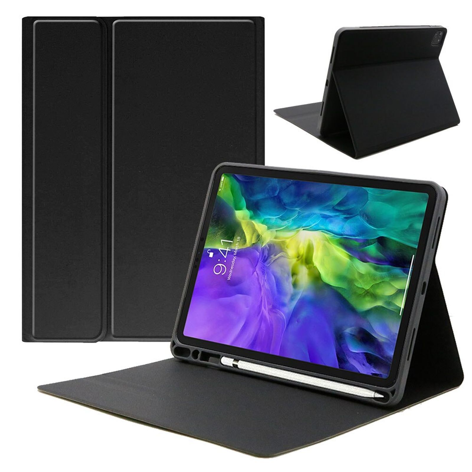 Eine schwarze Tablethülle und Displayschutzfolien. Ein Tablet befindet sich in der offenen Hülle.