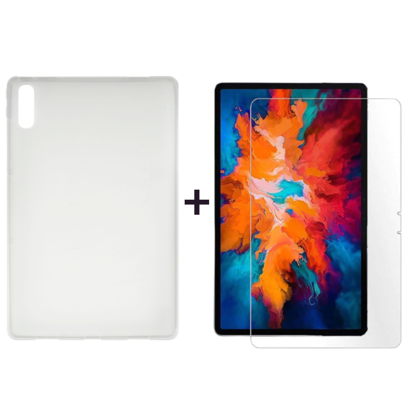 Ein Tablet und eine Displayschutzfolie werden nebeneinander gezeigt. Daneben ist eine transparente Hülle.