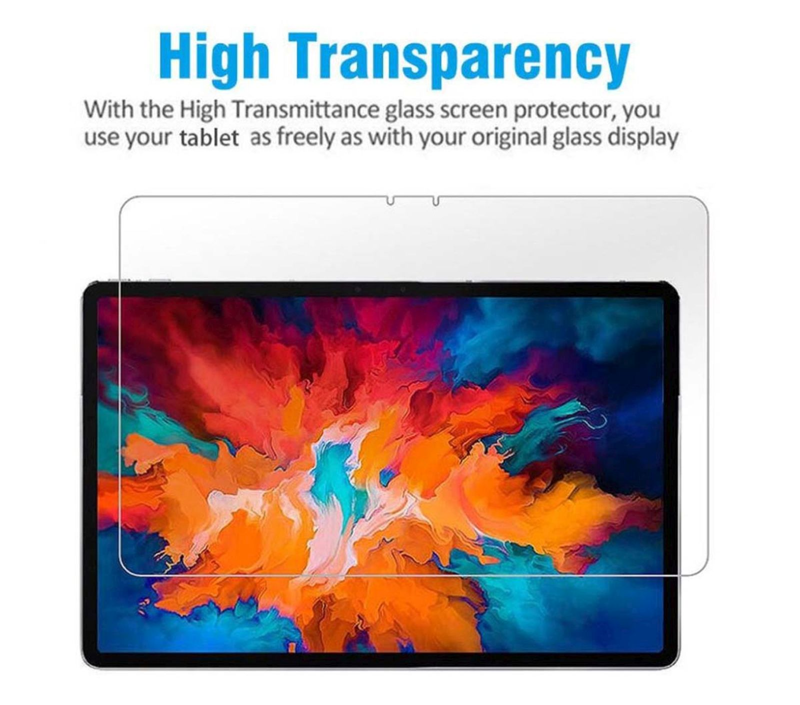 Ein Tablet mit Displayschutzfolie, Textüberlagerung mit der Aufschrift Hohe Transparenz beschreibt die Verwendung.