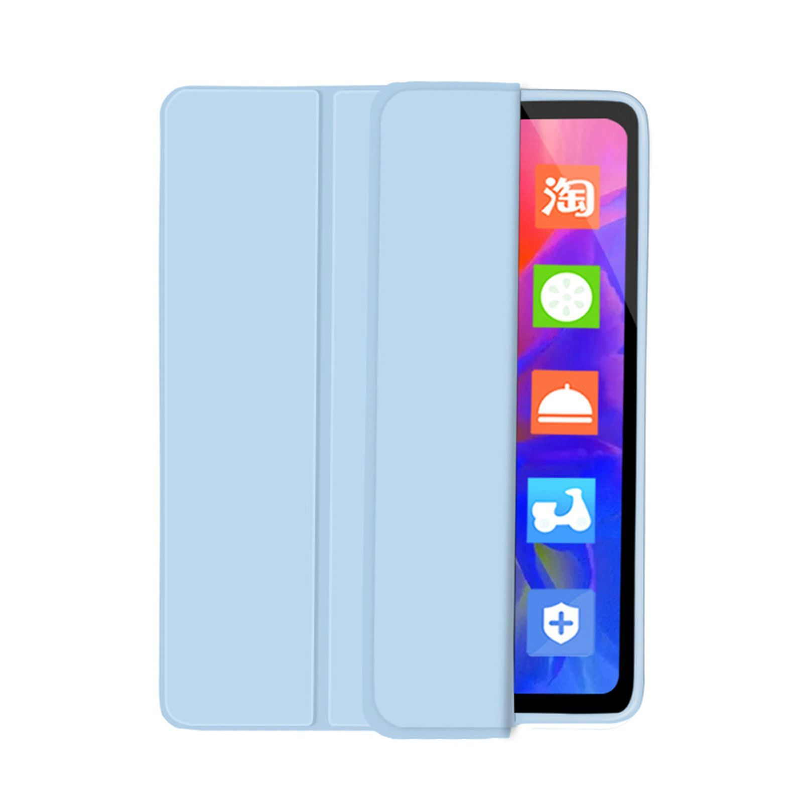 Eine hellblaue Tablethülle, die geöffnet ist, um einen Bildschirm mit App-Symbolen zu zeigen. Die Hülle hat eine Faltabdeckung.