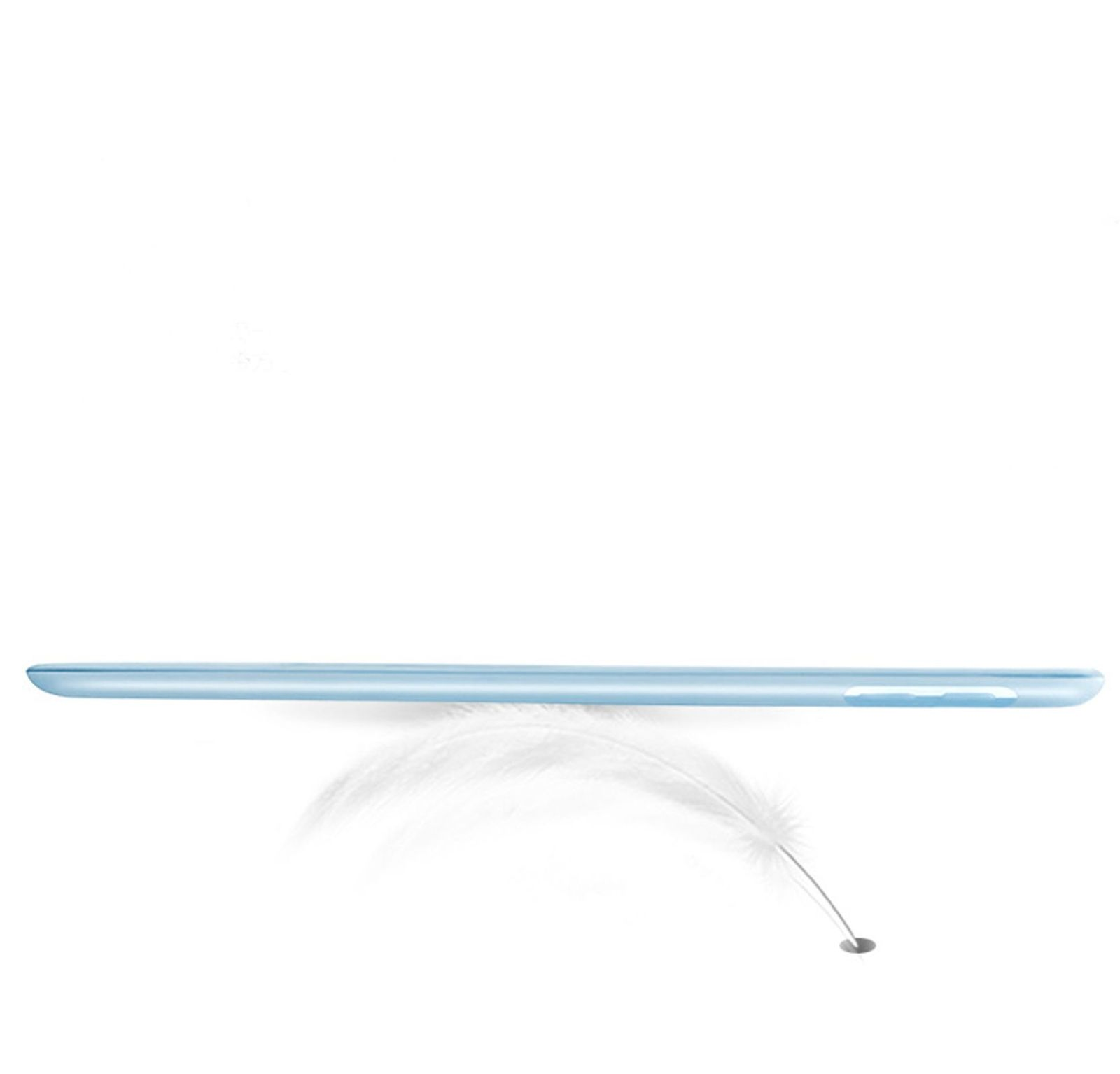 Ein hellblaues Tablet liegt auf einer weißen Feder.