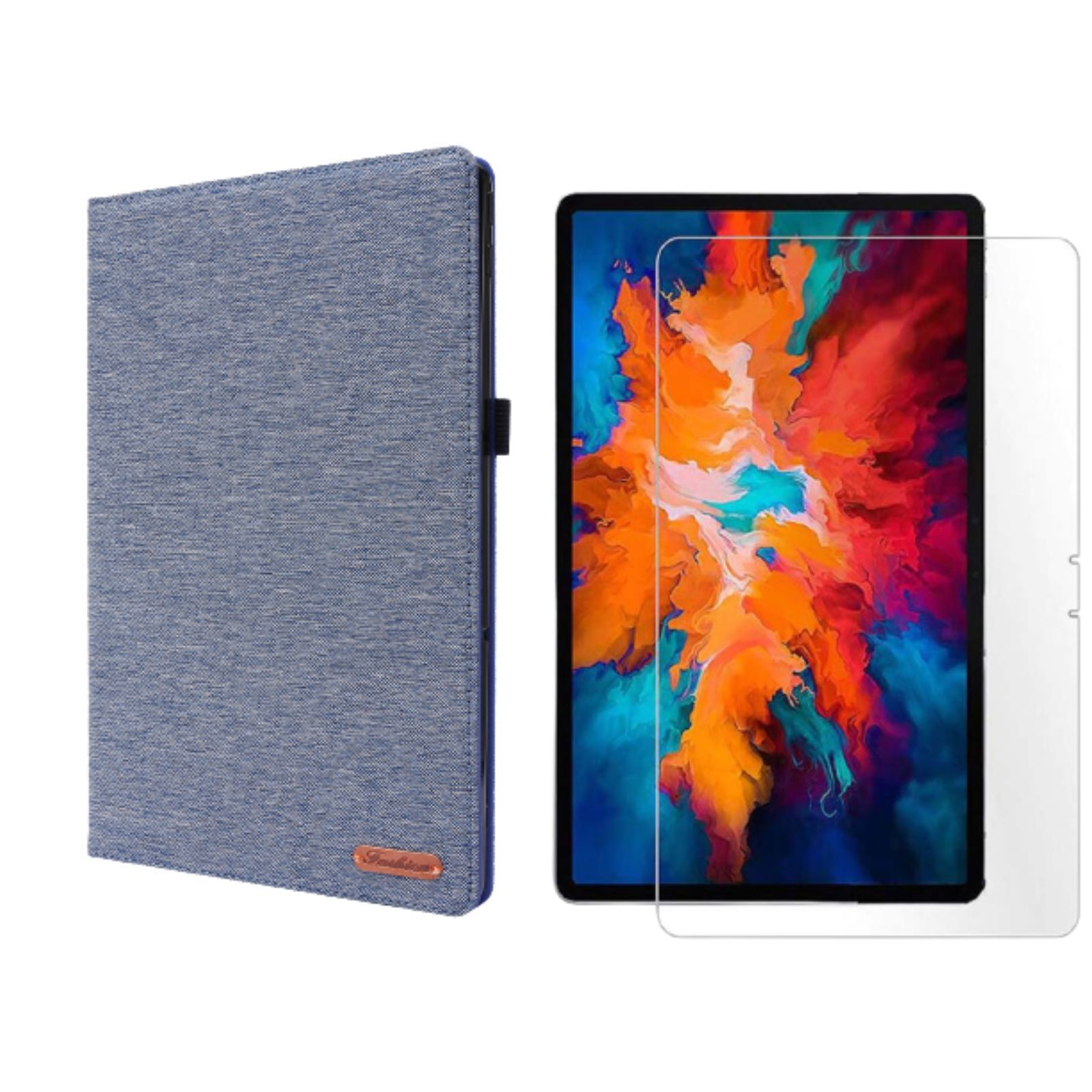 Tablet mit blauem Stoffbezug und Displayschutzfolie. Weißer Hintergrund.