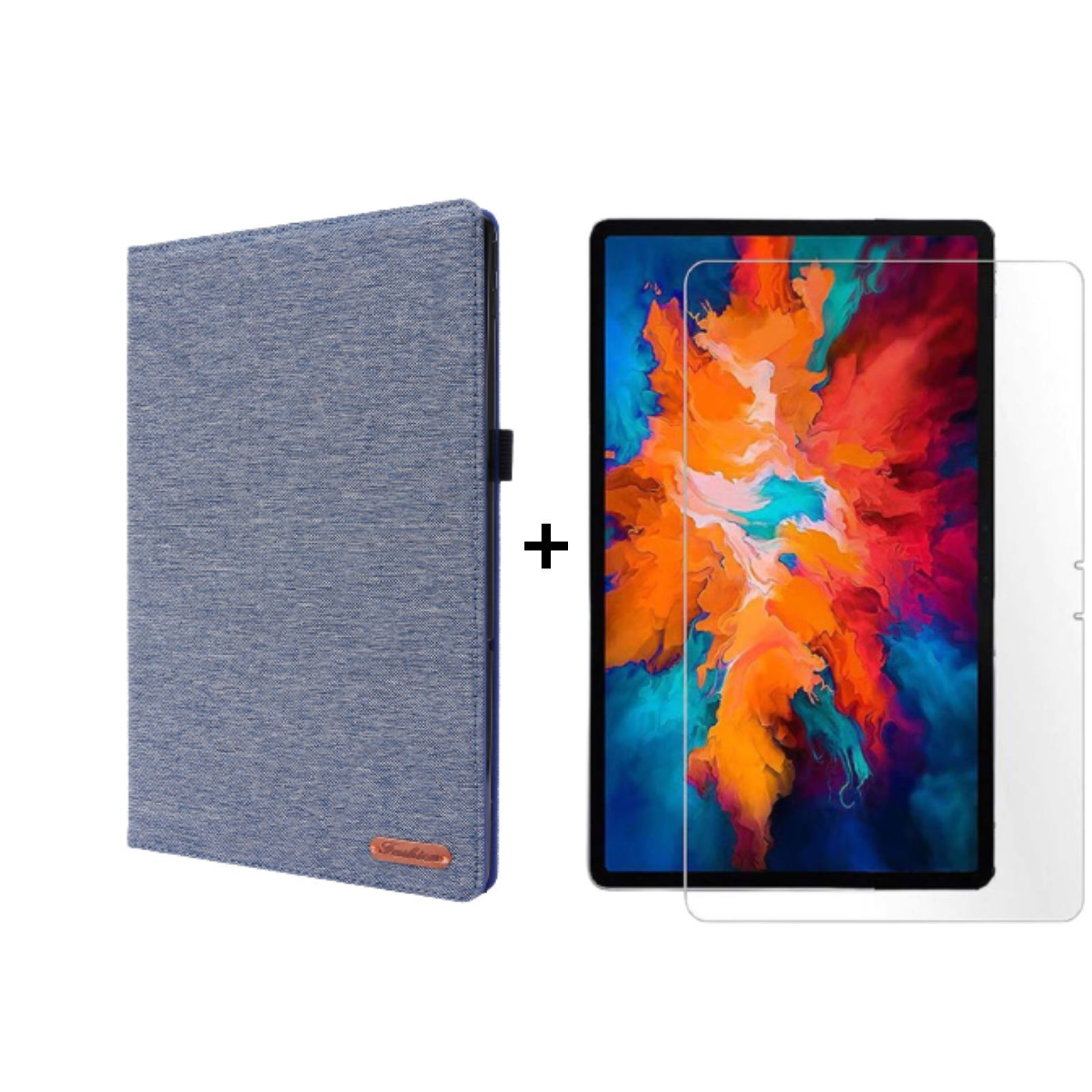Eine blaue Tablet-Hülle und ein Tablet mit Displayschutz. Der Bildschirm zeigt ein buntes abstraktes Bild.