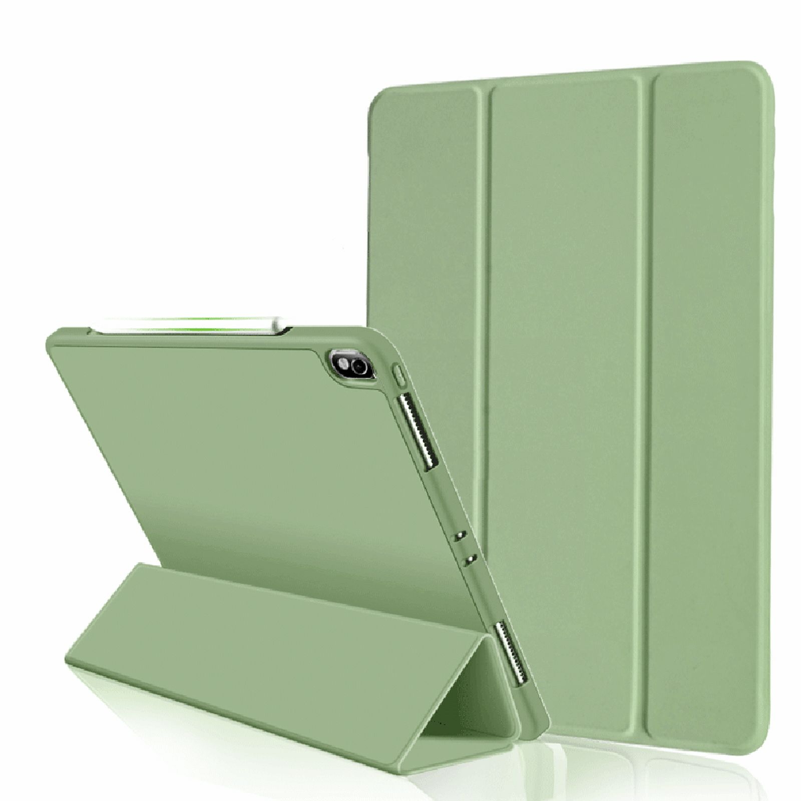 Grüne iPad-Hülle, geöffnet und geschlossen, steht auf einer weißen Oberfläche.