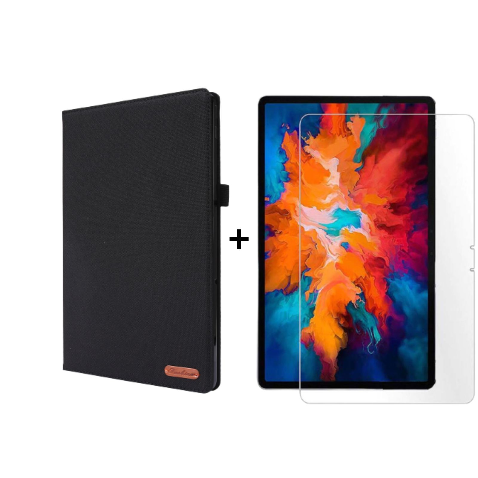 Schwarze Tablethülle und Displayschutzfolie neben einem Tablet mit farbenfrohem Bildschirm.
