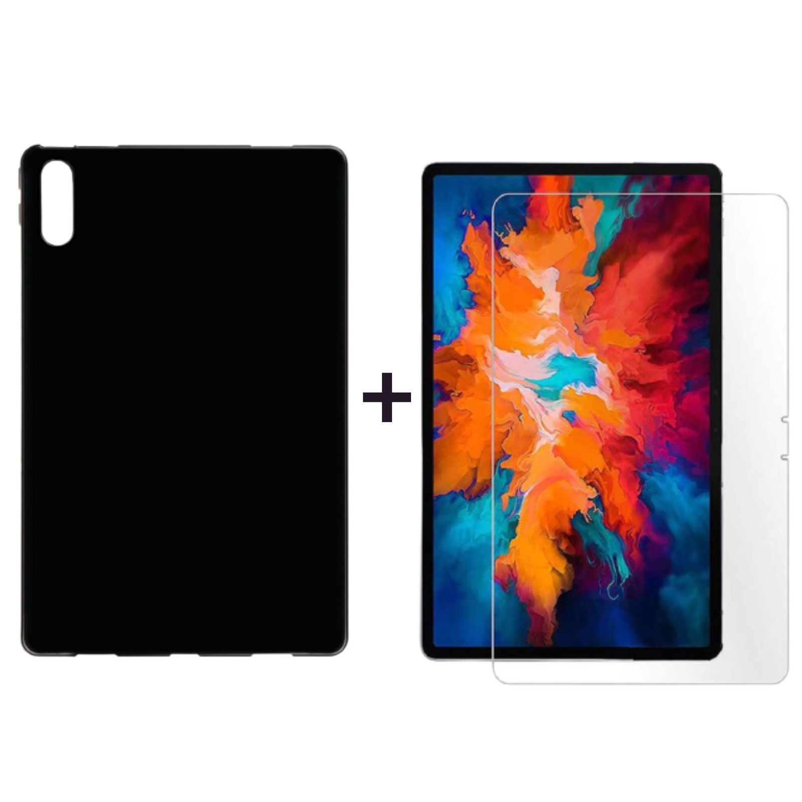 Schwarze Tablet-Hülle und Displayschutzfolie neben einem Tablet mit farbenfrohem Hintergrund.