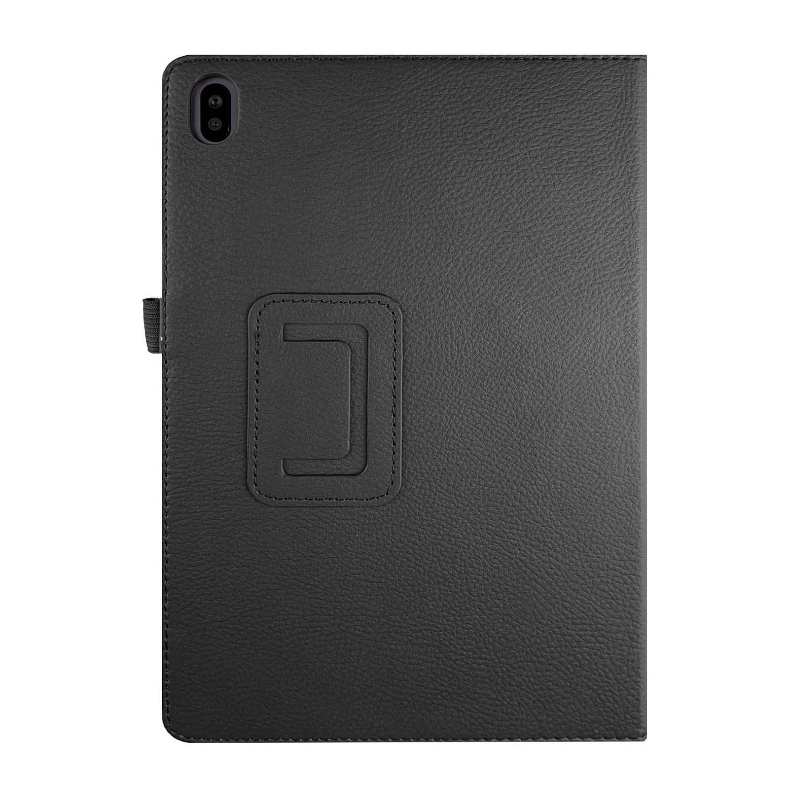 Eine schwarze Tablethülle mit einer rechteckigen Öffnung. Die Hülle besteht aus Leder und hat einen Riemen.