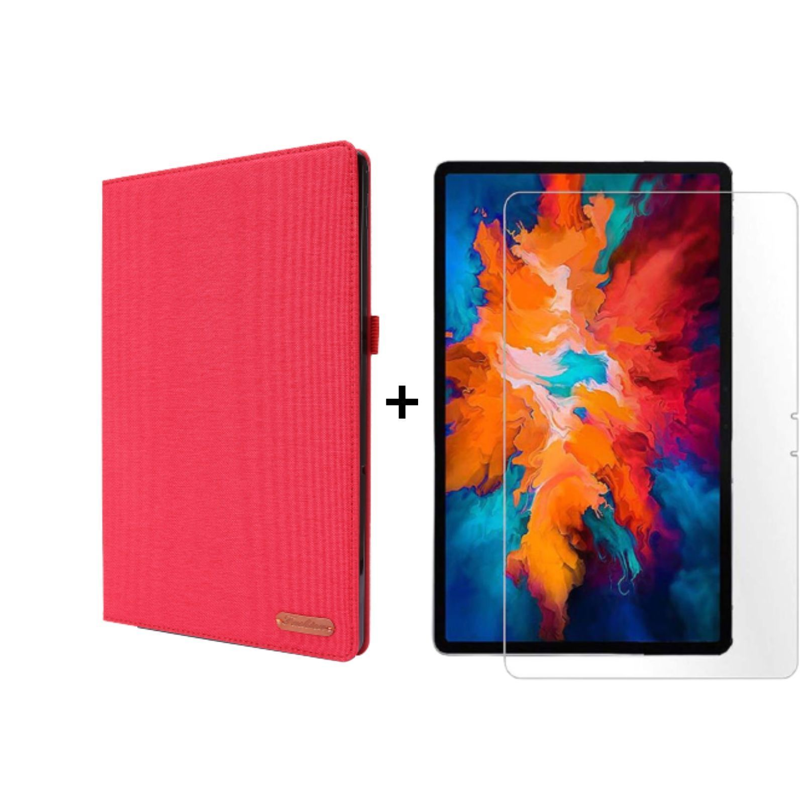 Rote Tablethülle und Displayschutzfolie neben Tablet. Weißer Hintergrund mit Pluszeichen.
