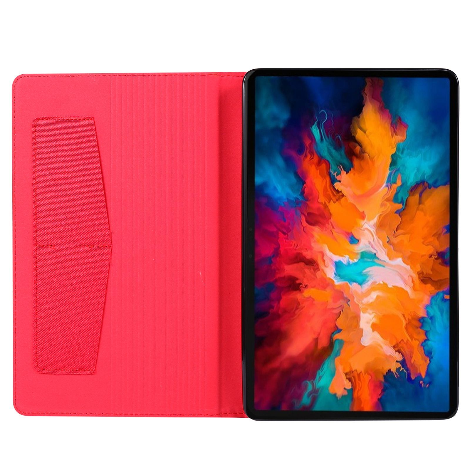 Offene rote Tablethülle, die ein Tablet mit farbenfrohem abstraktem Bild zeigt.