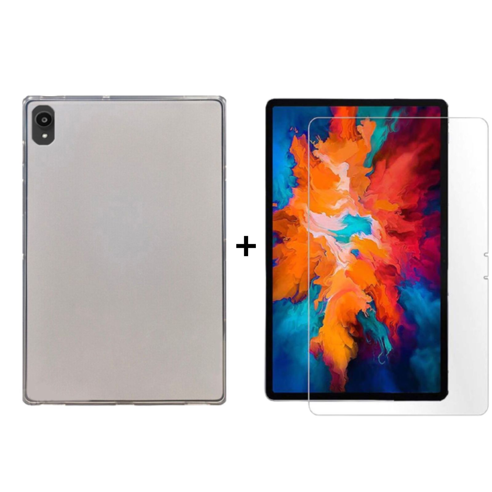 Tablet mit Displayschutz und einer transparenten Rückseite. Das Tablet ist silberfarben.