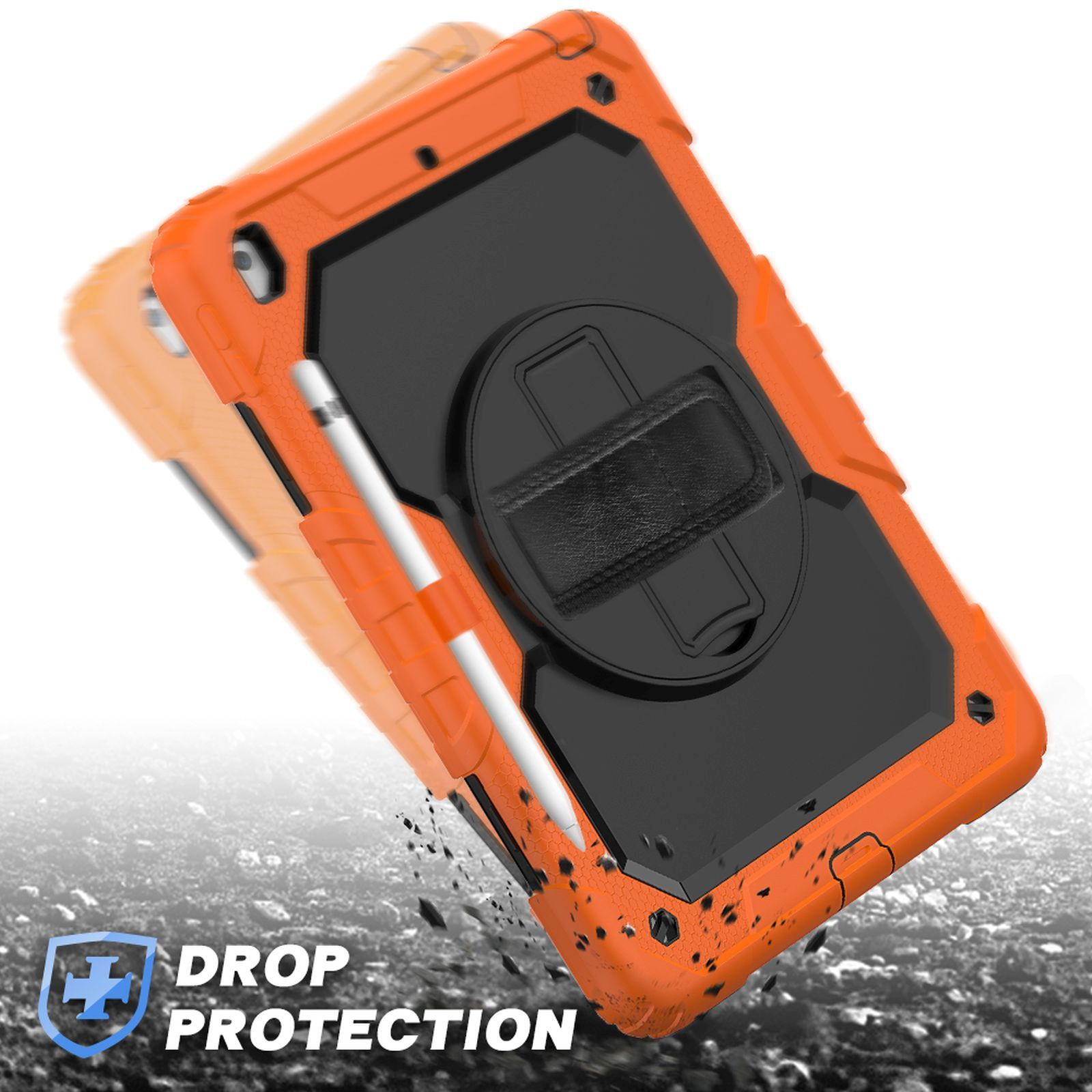 Eine orangefarbene und schwarze Tablethülle mit einem Stift und dem Text 'Drop Protection'.