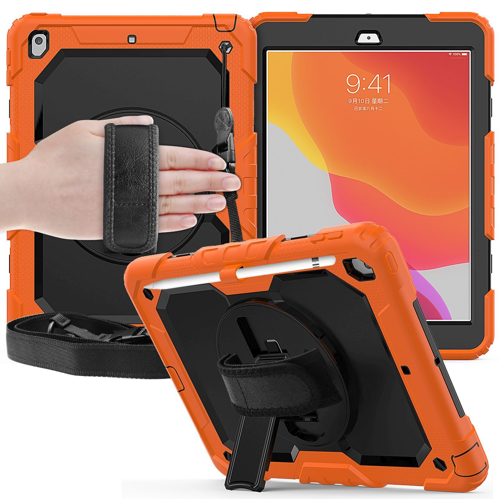 Eine Hülle für ein Tablet. Sie ist orange und schwarz mit Riemen und Stifthalter.