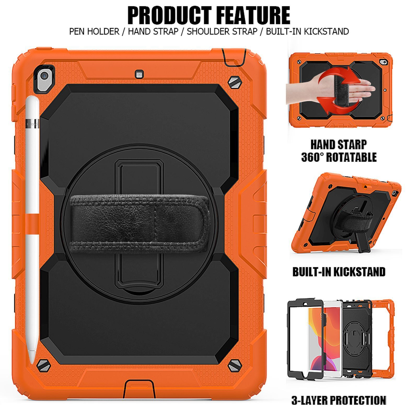 Orange Tablet-Hülle mit Stifthalter, Handschlaufe und Ständer.