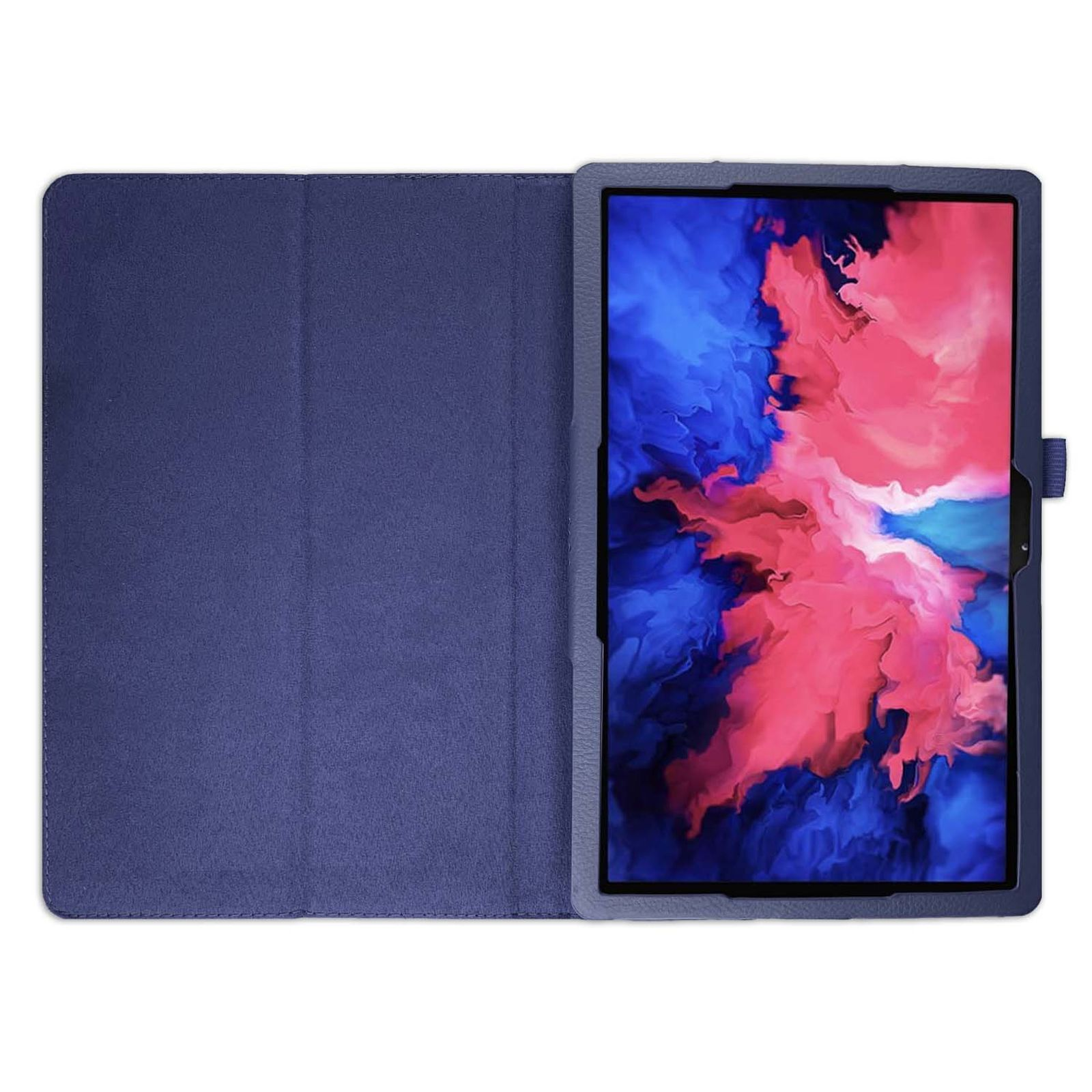 Tablet in einer blauen Hülle, geöffnet, um den Bildschirm mit einem lebendigen abstrakten Design zu zeigen.