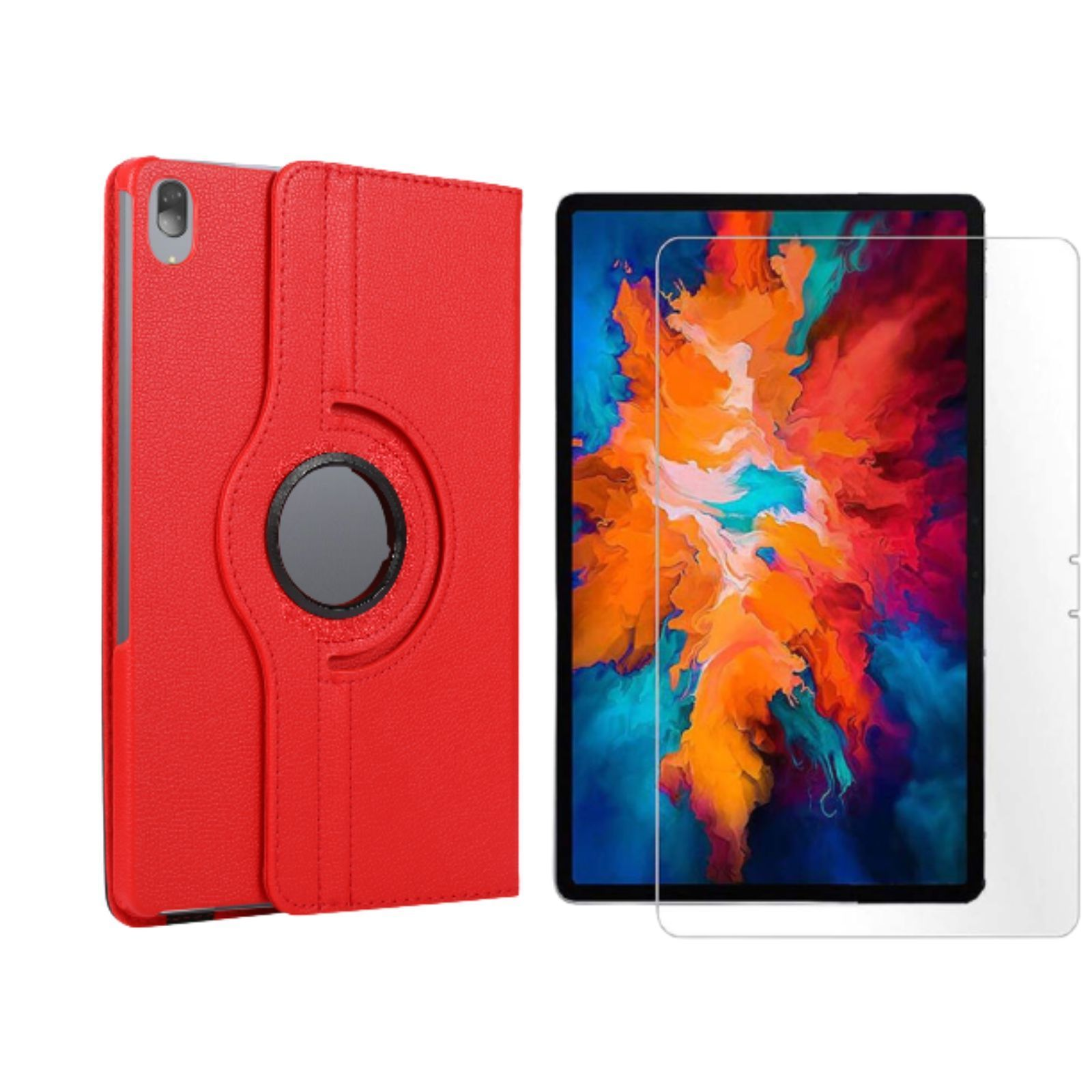 Rotes Tablet mit Hülle und Displayschutzfolie. Die Hülle hat einen Drehring und eine rote Abdeckung.