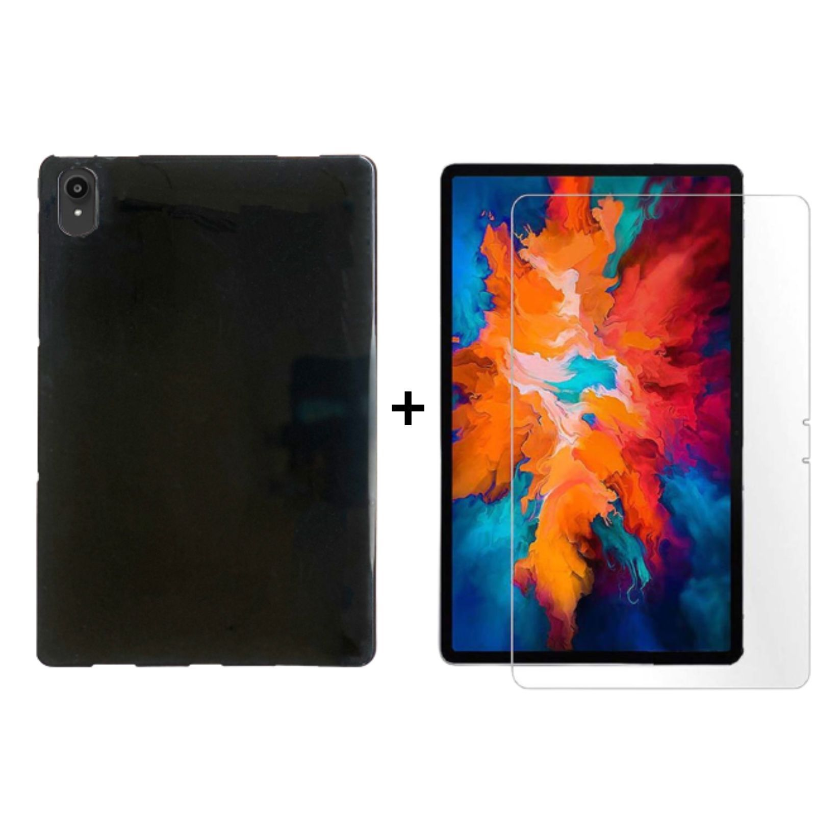 Eine schwarze Tablet-Hülle und ein Tablet mit Displayschutz.