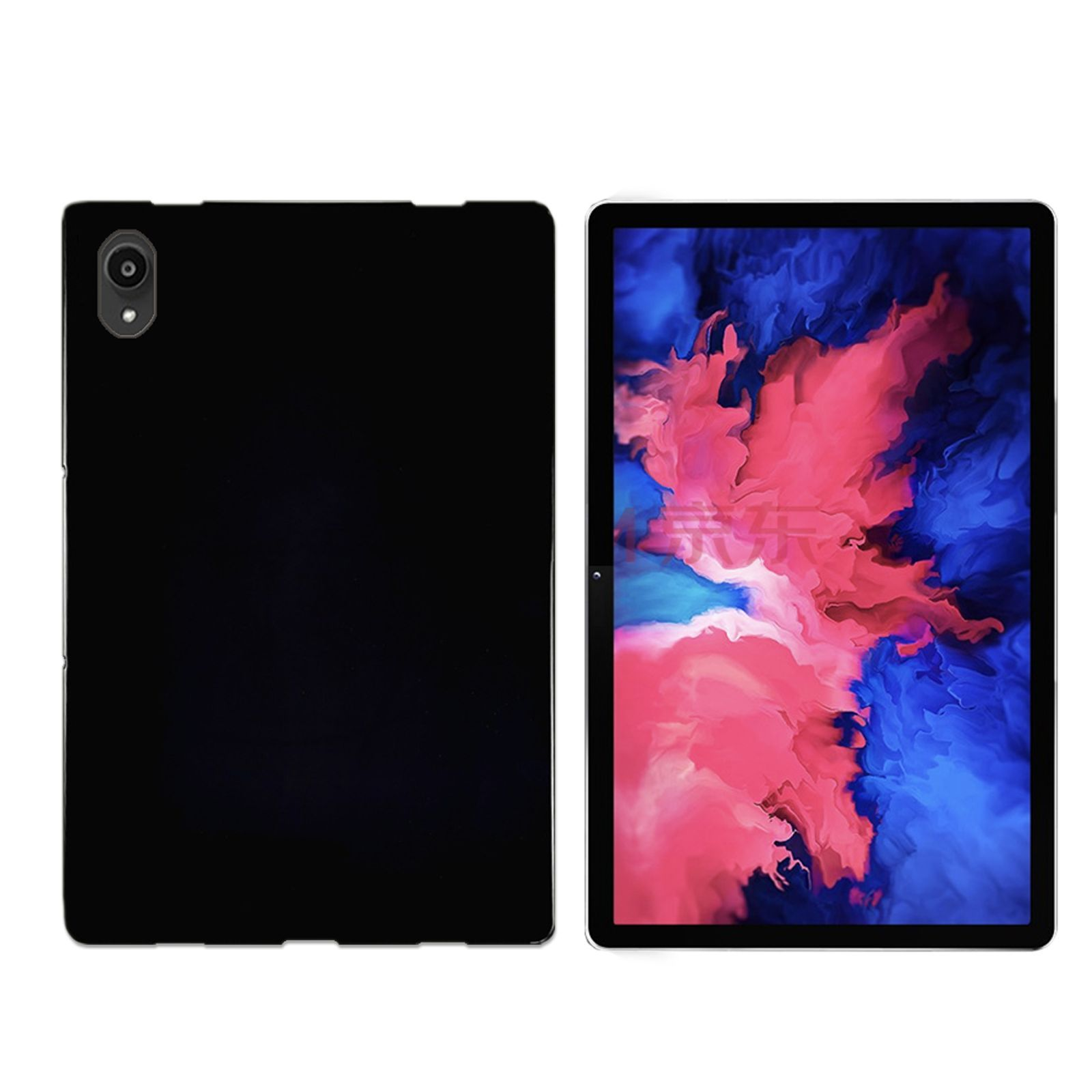 Zwei Tablets: eines schwarz mit Kamera, eines mit farbenfrohem Bild.