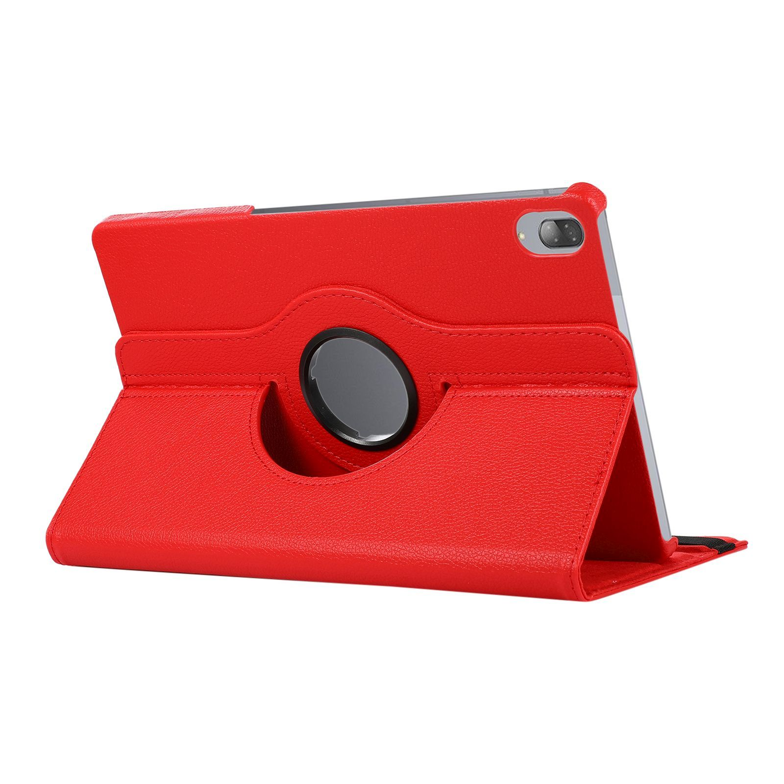 Rote Tablethülle mit drehbarem Rücken, Tablet innen.