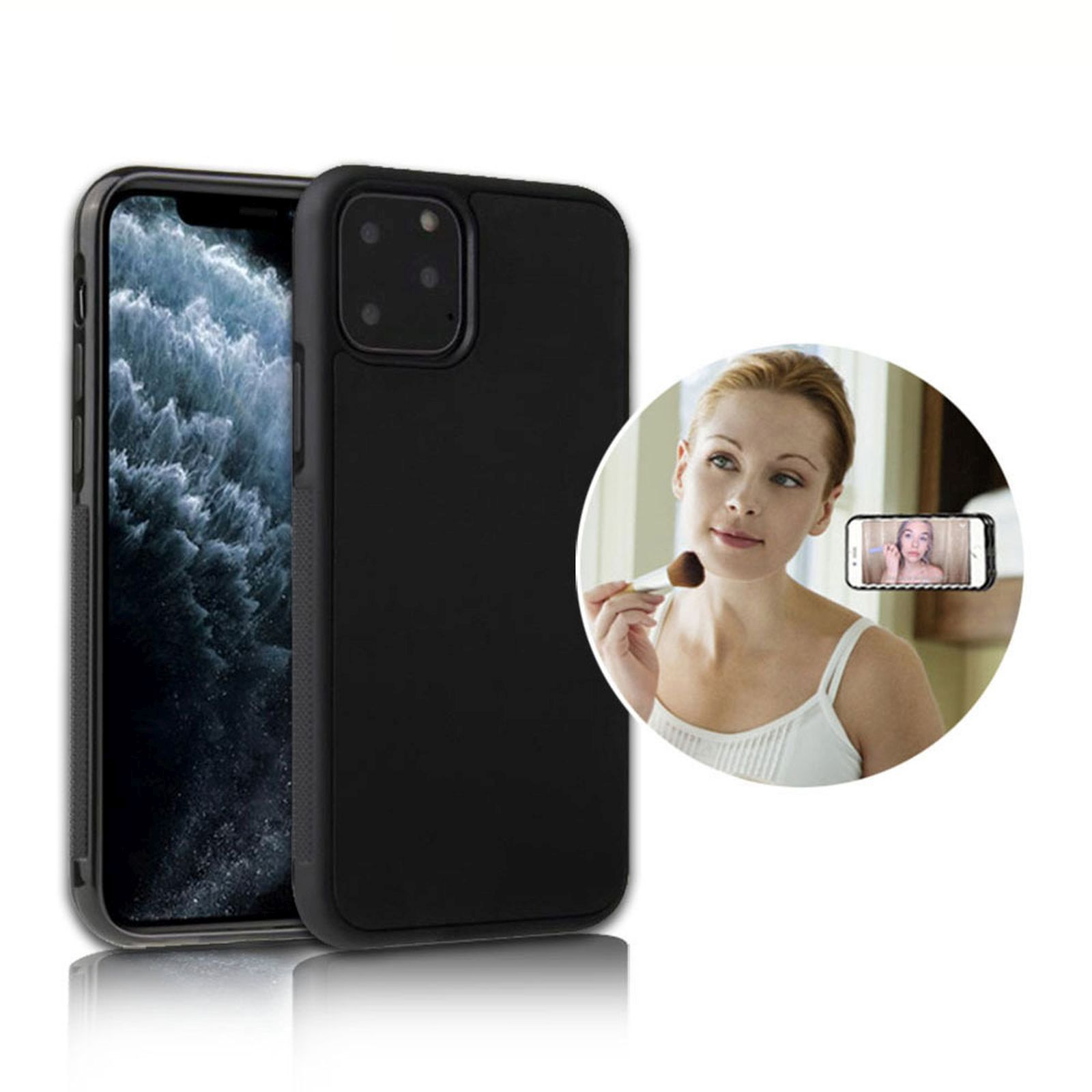 Eine Handyhülle mit einem Telefon darin, neben einer Frau, die sich mit einem Pinsel schminkt.