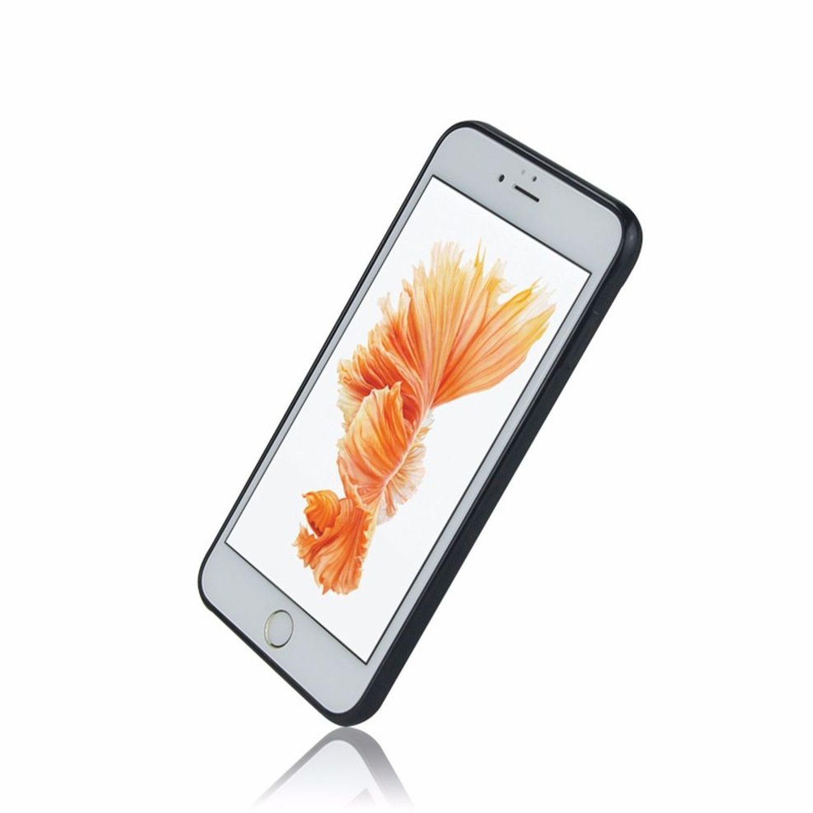 Telefon in schwarzer Hülle. Der Bildschirm zeigt einen orangefarbenen Fisch.