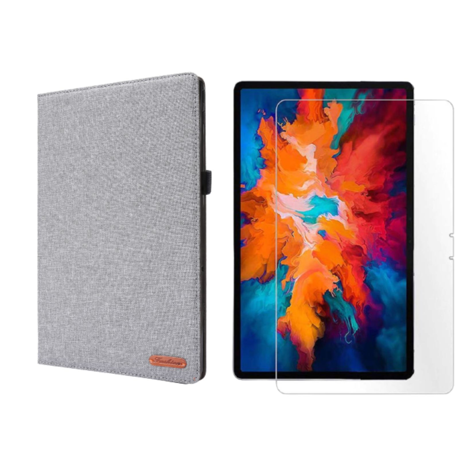 Tablet mit Hülle und Displayschutzfolie. Die Hülle ist hellgrau. Der Schutz ist klar.