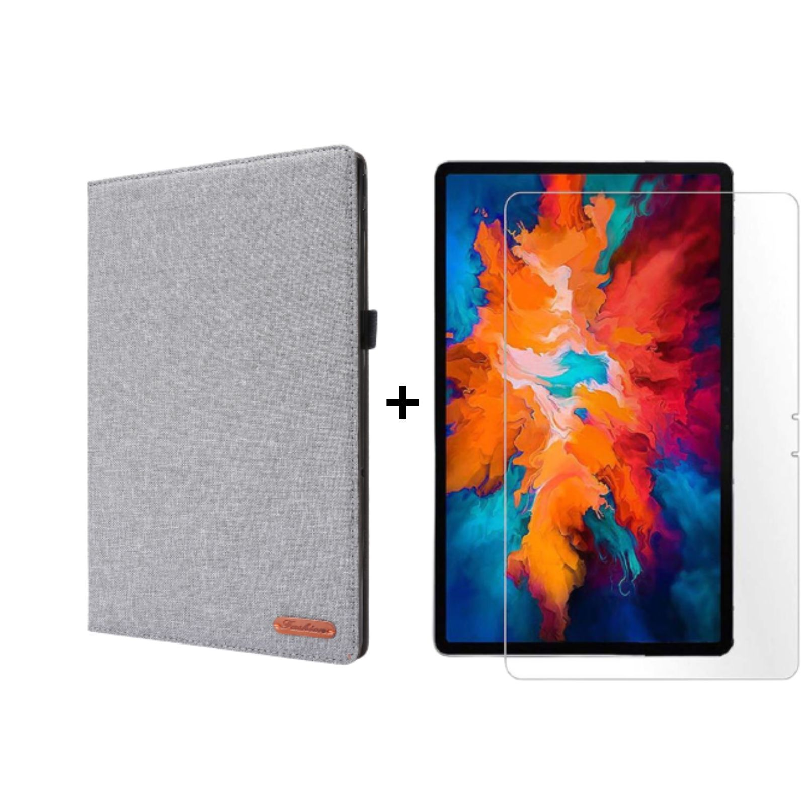 Ein Tablet mit grauem Gehäuse und Displayschutz, vor weißem Hintergrund.