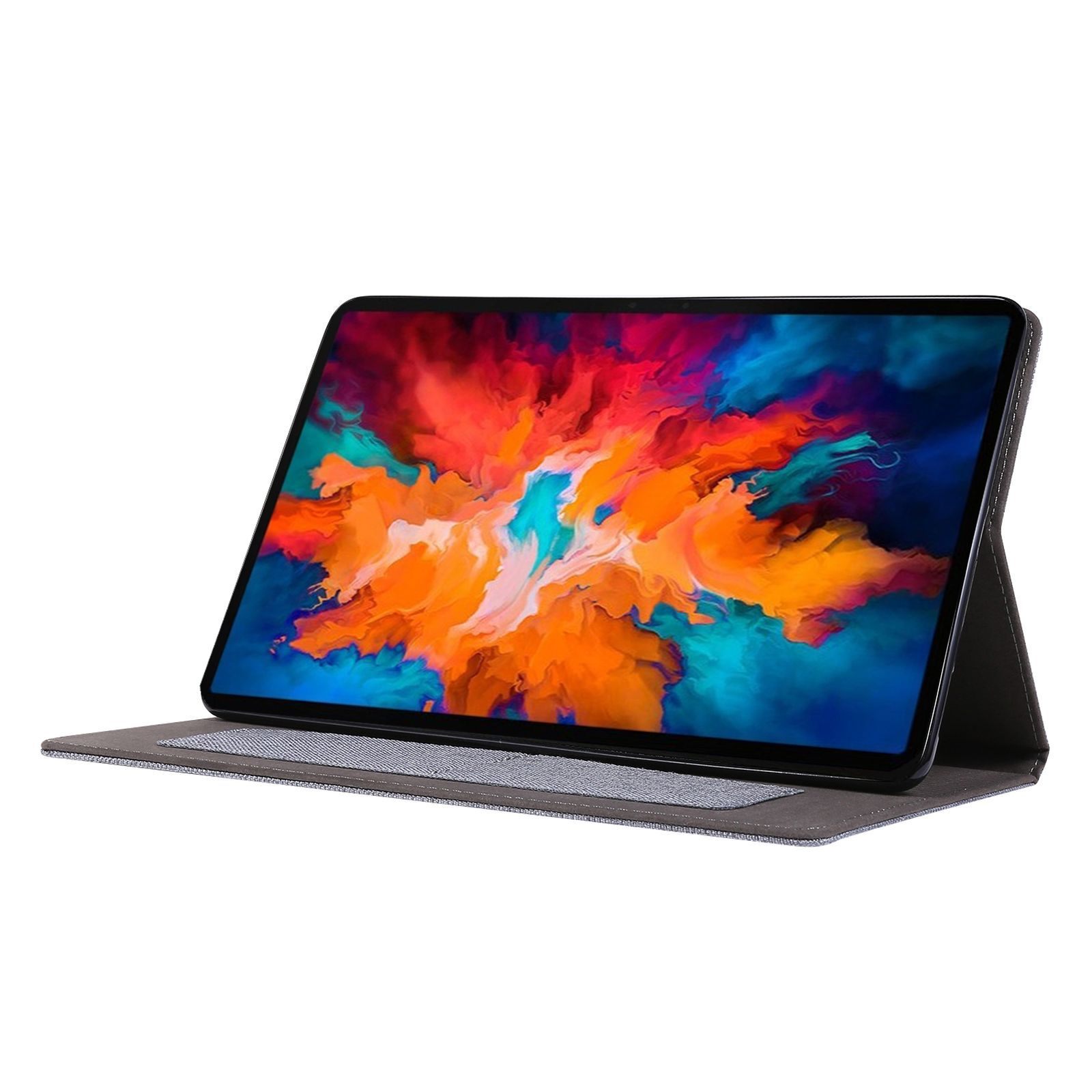 Tablet in einer Hülle. Buntes abstraktes Kunstwerk auf dem Bildschirm, graue Hülle.