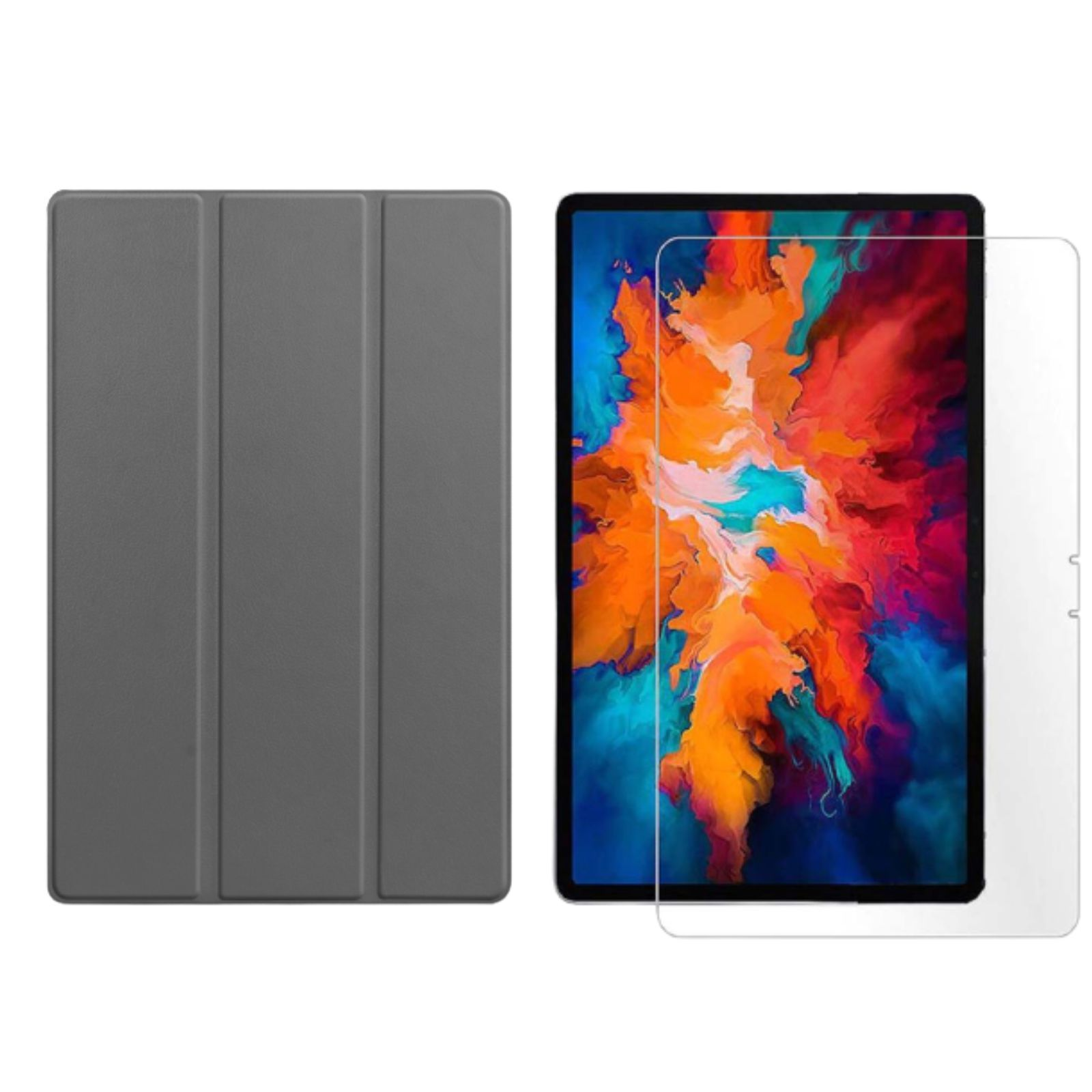 Graue Tablet-Hülle mit Tablet und Displayschutz. Das Tablet zeigt bunte, abstrakte Bilder.
