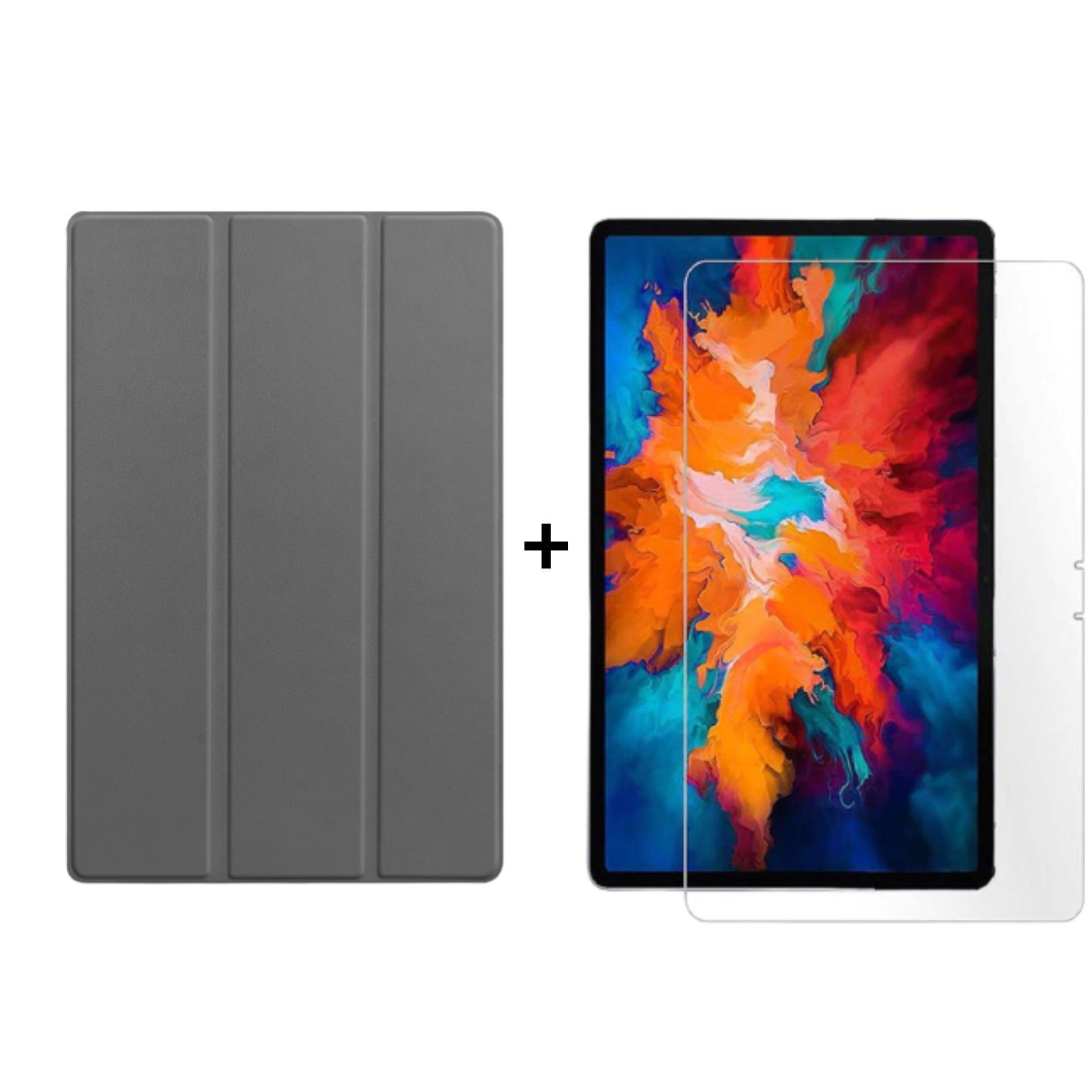 Graue Tablethülle, Tablet und Displayschutz. Das Tablet hat ein farbenfrohes Bild auf dem Bildschirm.