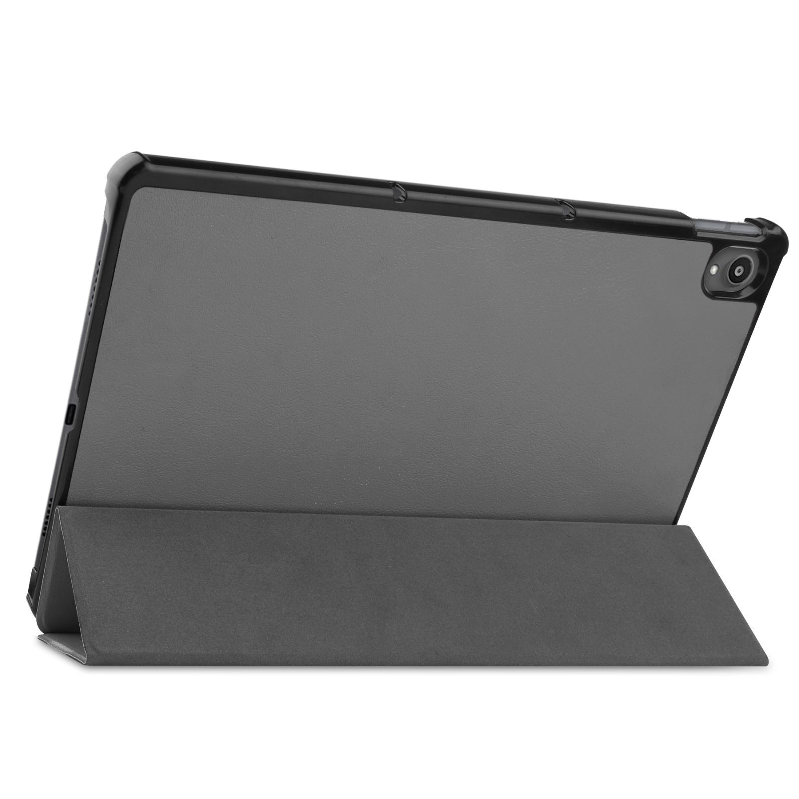 Graue Tablethülle offen, mit Tablet darin.