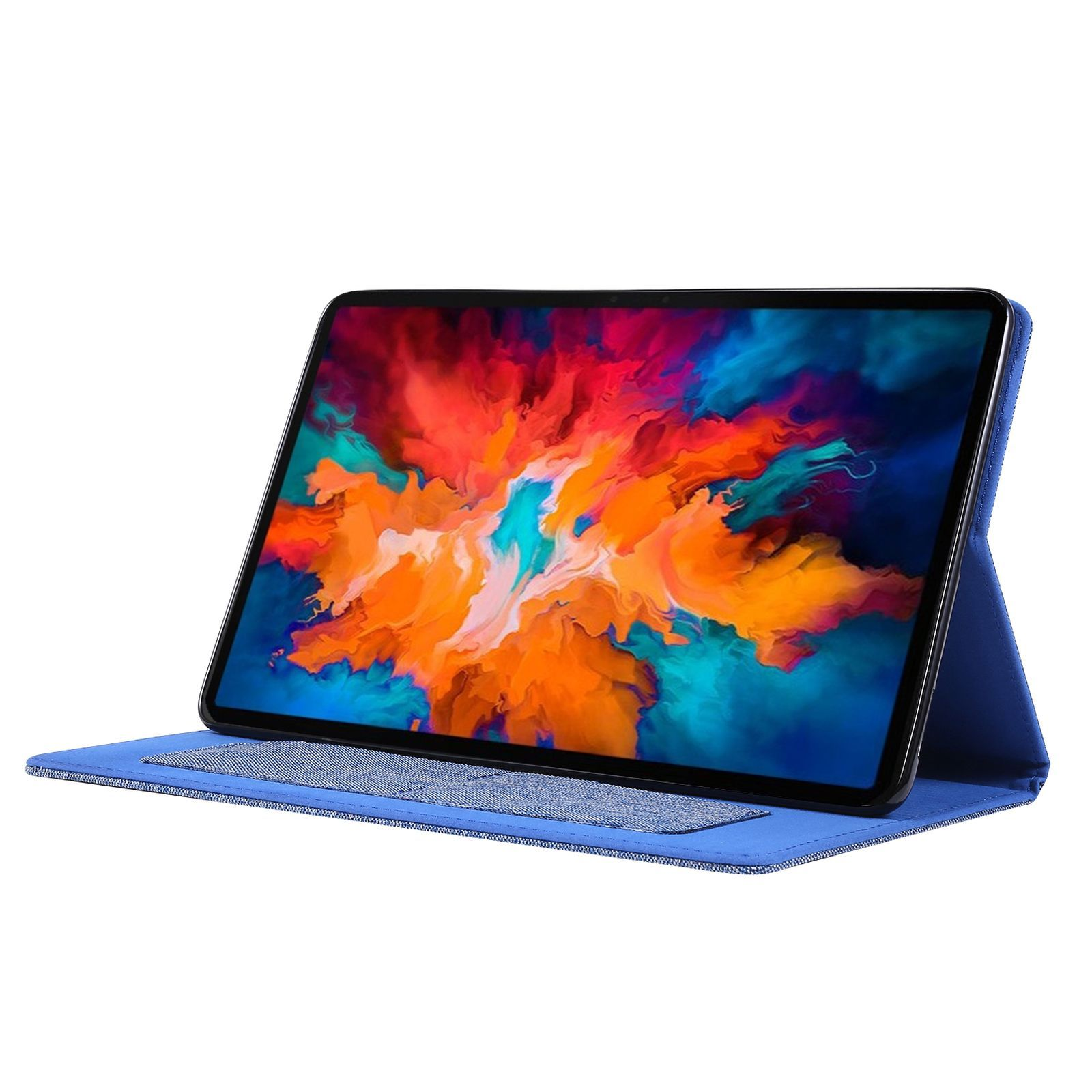Ein iPad in einem blauen Gehäuse, geöffnet und geneigt.