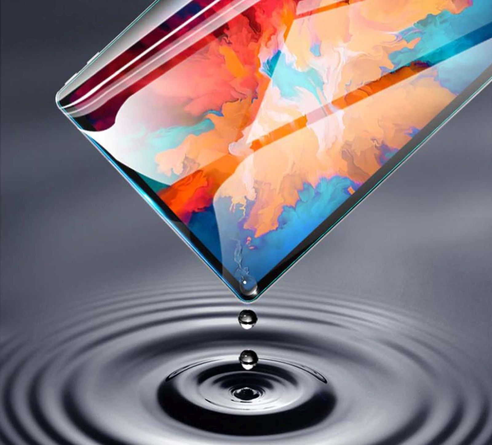 Proteggi schermo del telefono, gocce d'acqua che cadono sulla superficie dell'acqua.