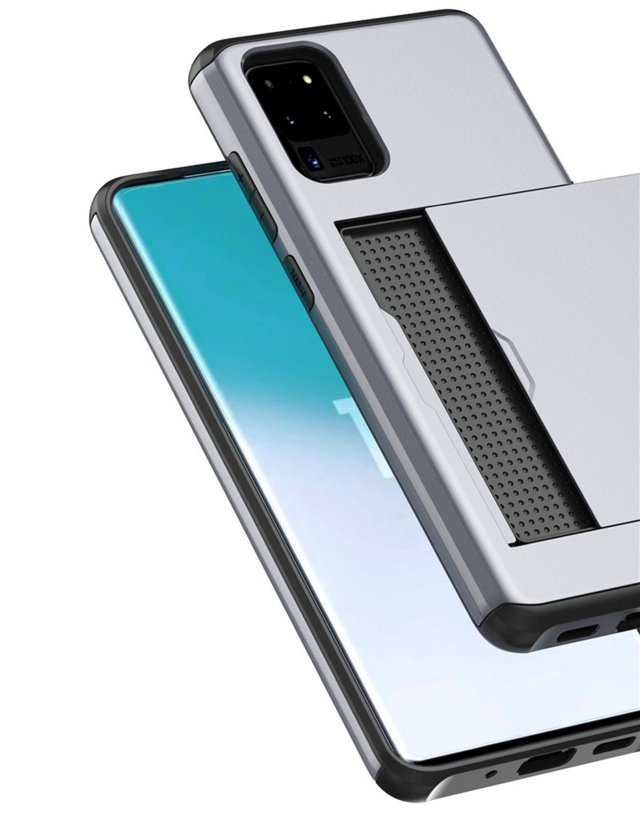 Silberne Handyhülle auf einem Handy. Schwarzer Kamerabereich. Das Telefon ist grau.