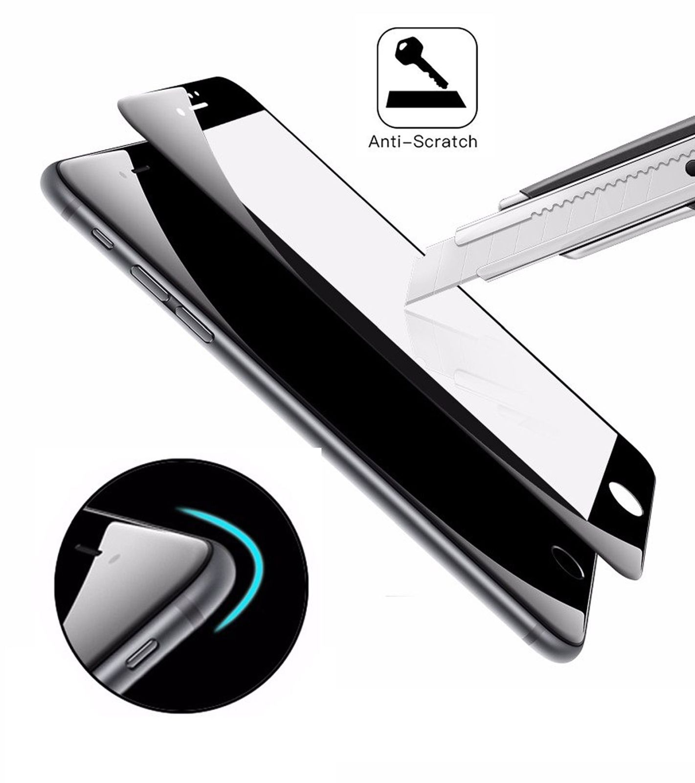 Ein Telefon mit Displayschutzfolie, ein Messer, das das Glas schneidet, und ein Anti-Kratz-Etikett.