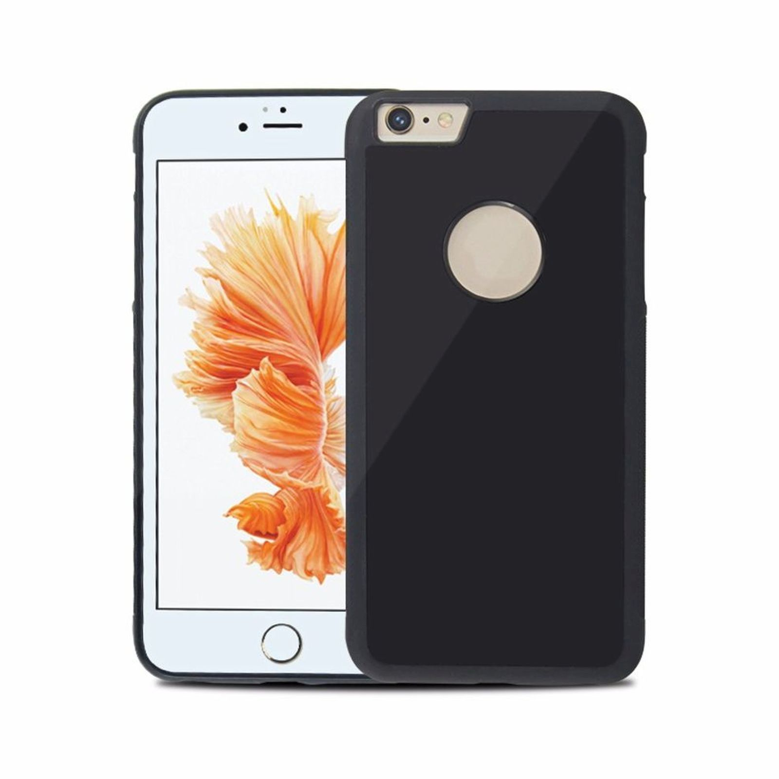 Ein weißes iPhone in einer schwarzen Hülle, mit dem Bildschirm des Telefons links.