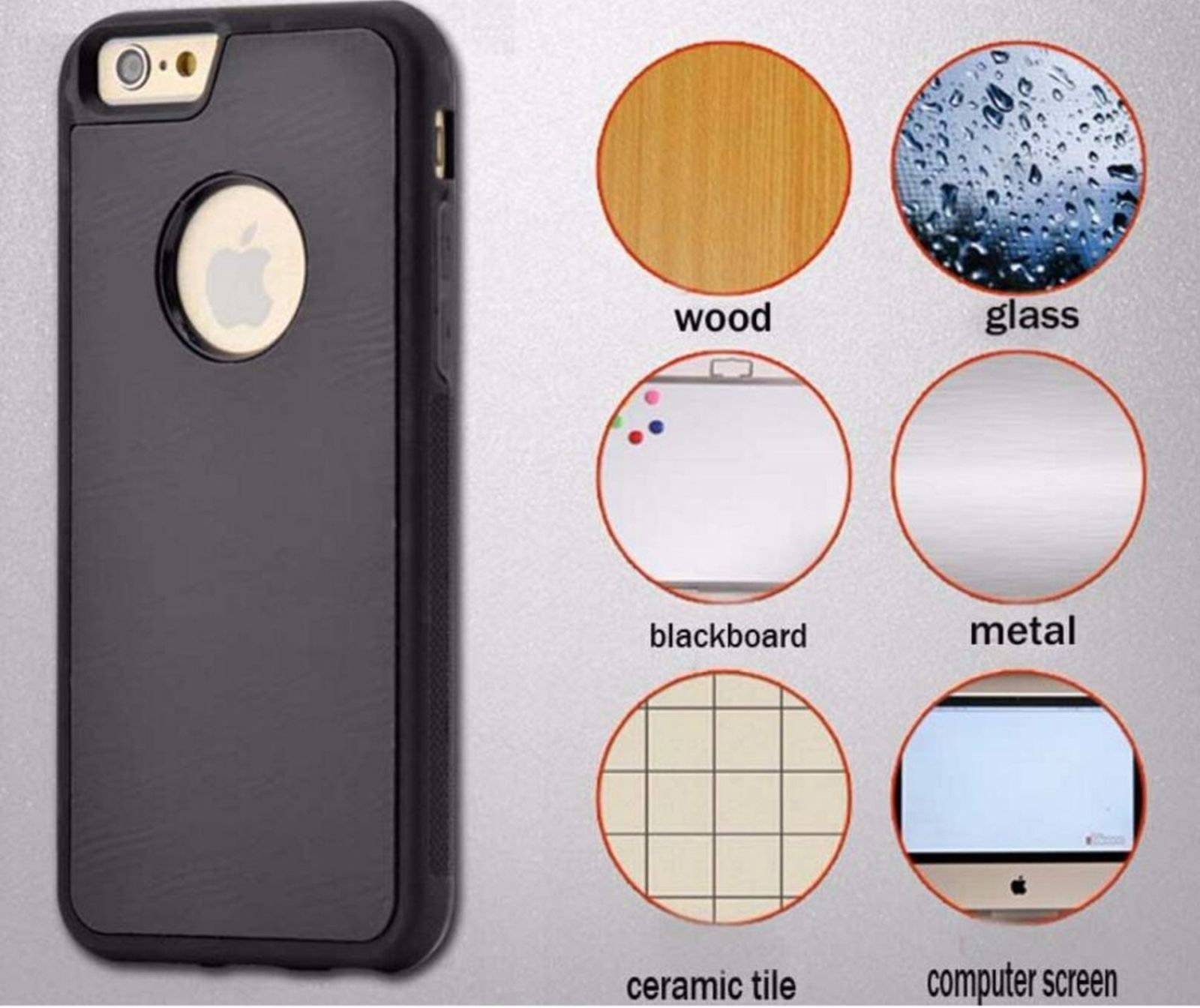Eine schwarze Handyhülle neben verschiedenen Materialmustern: Holz, Glas, Tafel, Metall, Keramikfliesen und ein Bildschirm.