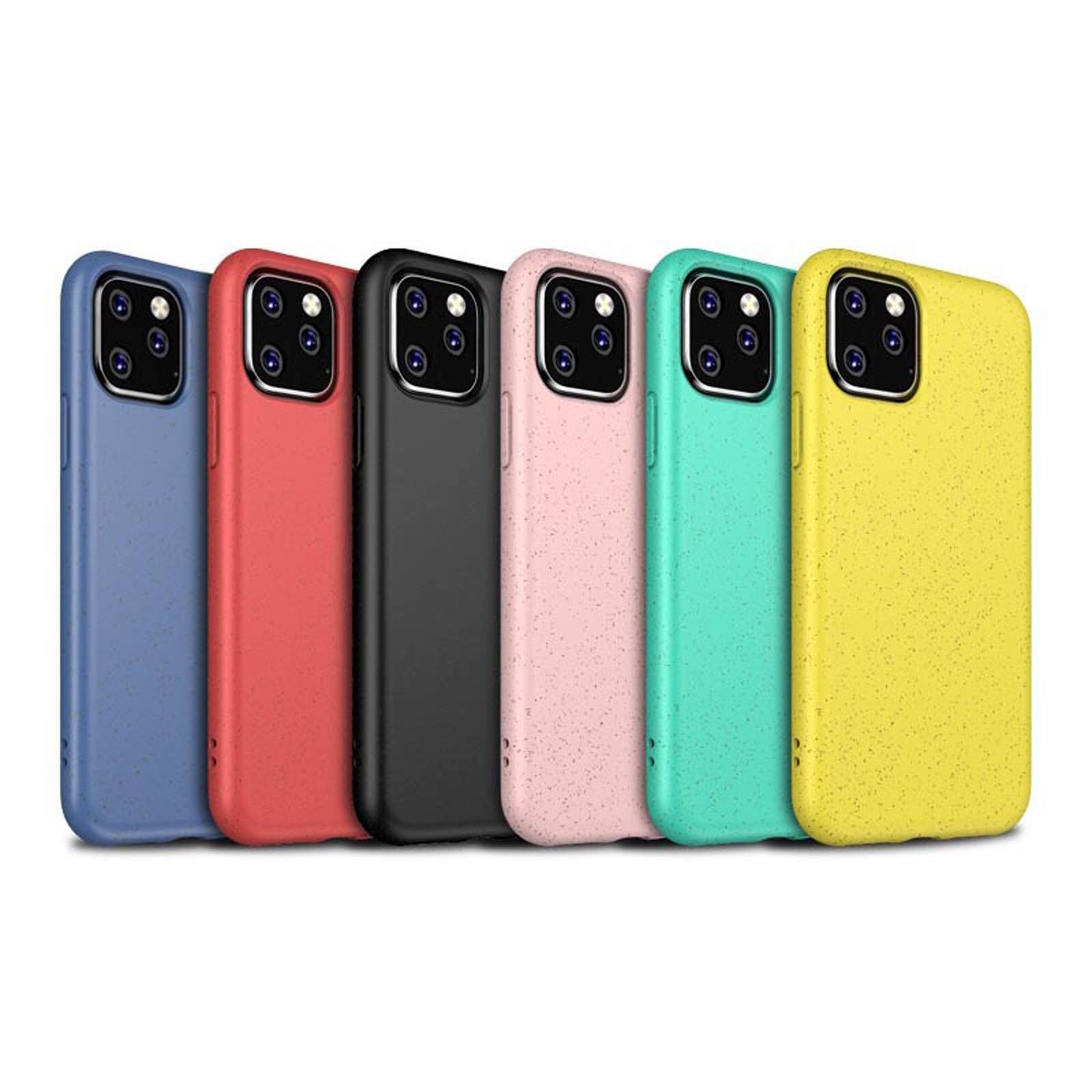 Sechs bunte Telefonhüllen werden angezeigt. Die Farben sind blau, rot, schwarz, rosa, grün und gelb.