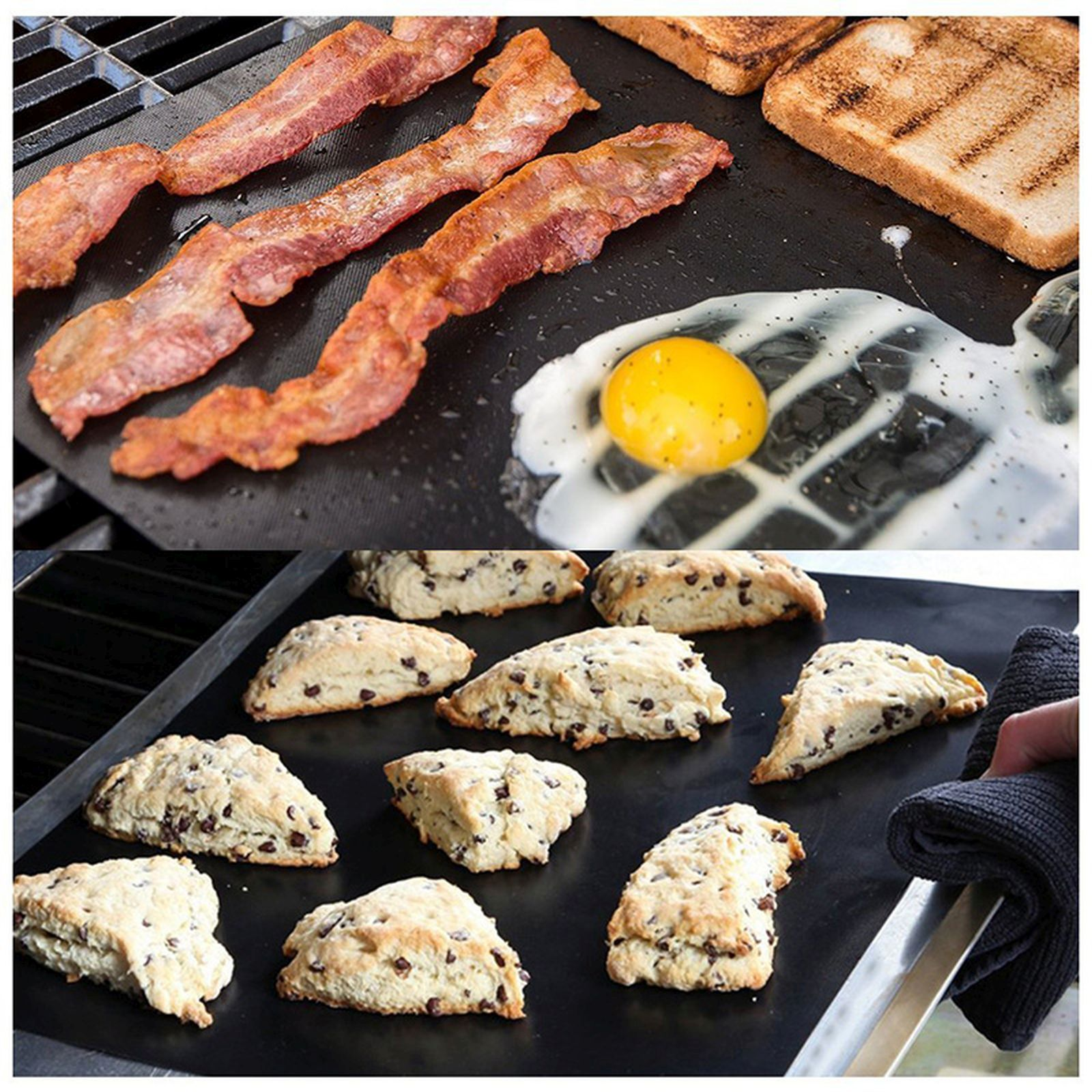 Speckstreifen, Spiegelei und Scones auf schwarzen Grillmatten.