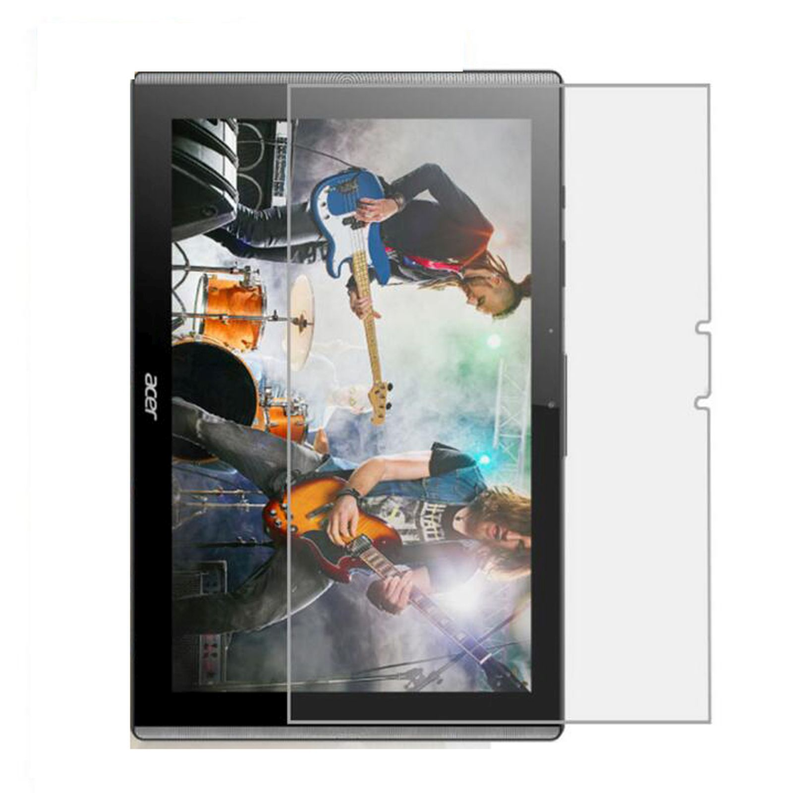 Tablet con protezione schermo, mostra una band che suona la chitarra.