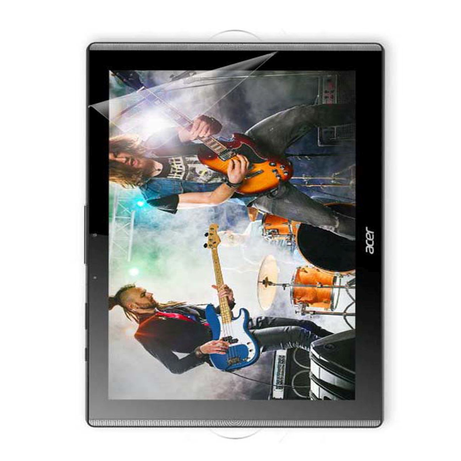 Schermo del tablet che mostra una band che suona musica sul palco, con il logo acer.