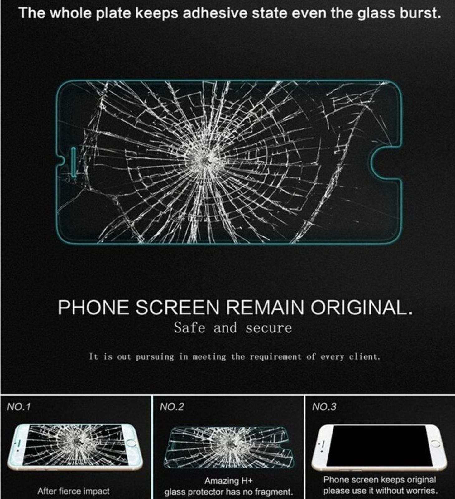 Ein gesprungener Telefonbildschirm mit Text über seinen Schutz und die Displayschutzfolie.