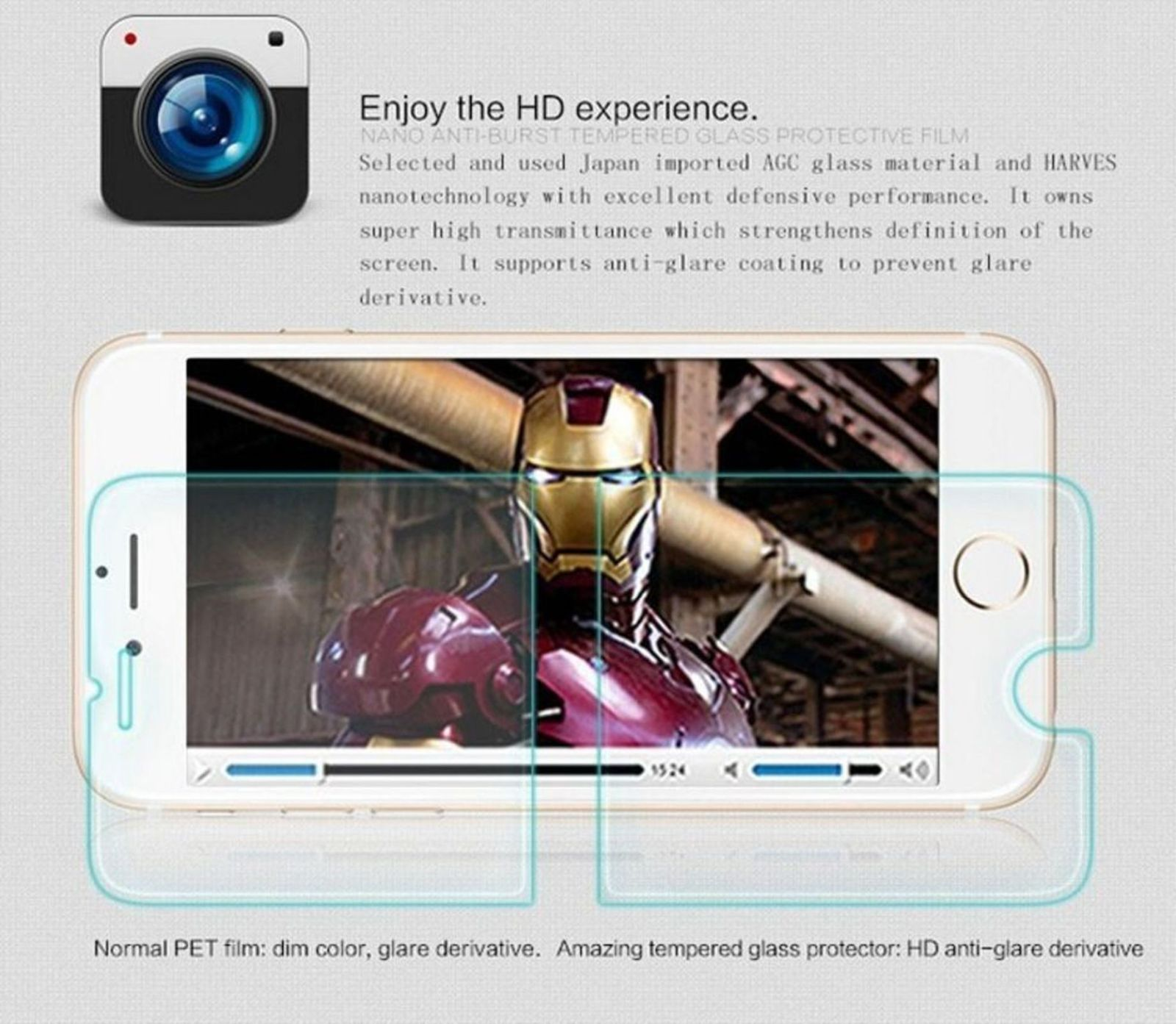 Ein Telefon mit Displayschutzfolie, das ein Video von Iron Man abspielt, mit Kamera-Symbol.