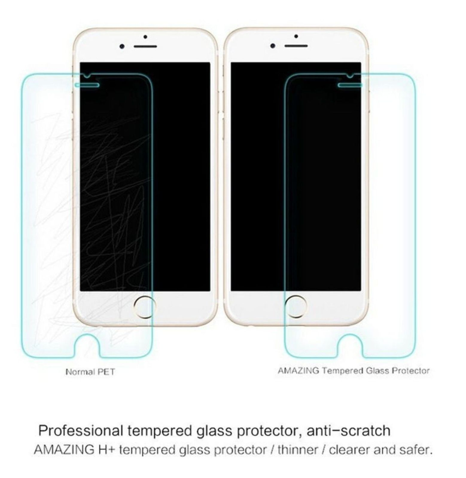 Zwei Telefone mit Displayschutzfolien, eines mit der Bezeichnung Normal PET, das andere AMAZING Tempered Glass.